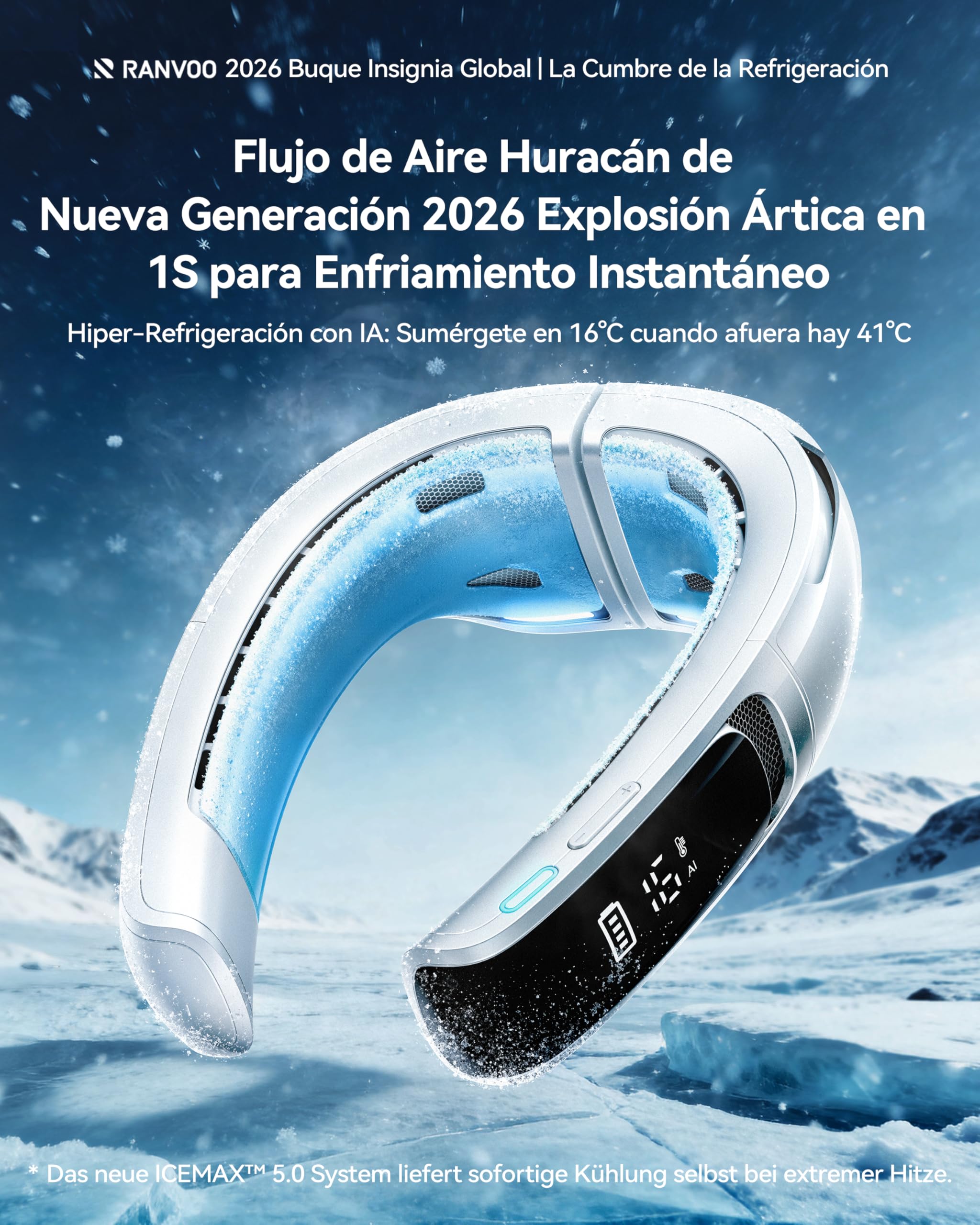 RANVOO AICE LITE MAX 2026 Aire Acondicionado de Cuello con IA, Enfriamiento Real Rápido, Ventilador de Cuello Recargable 6000mAh, Flujo de Aire 720°, Regalo de Verano para Mamá, Blanco Ártico