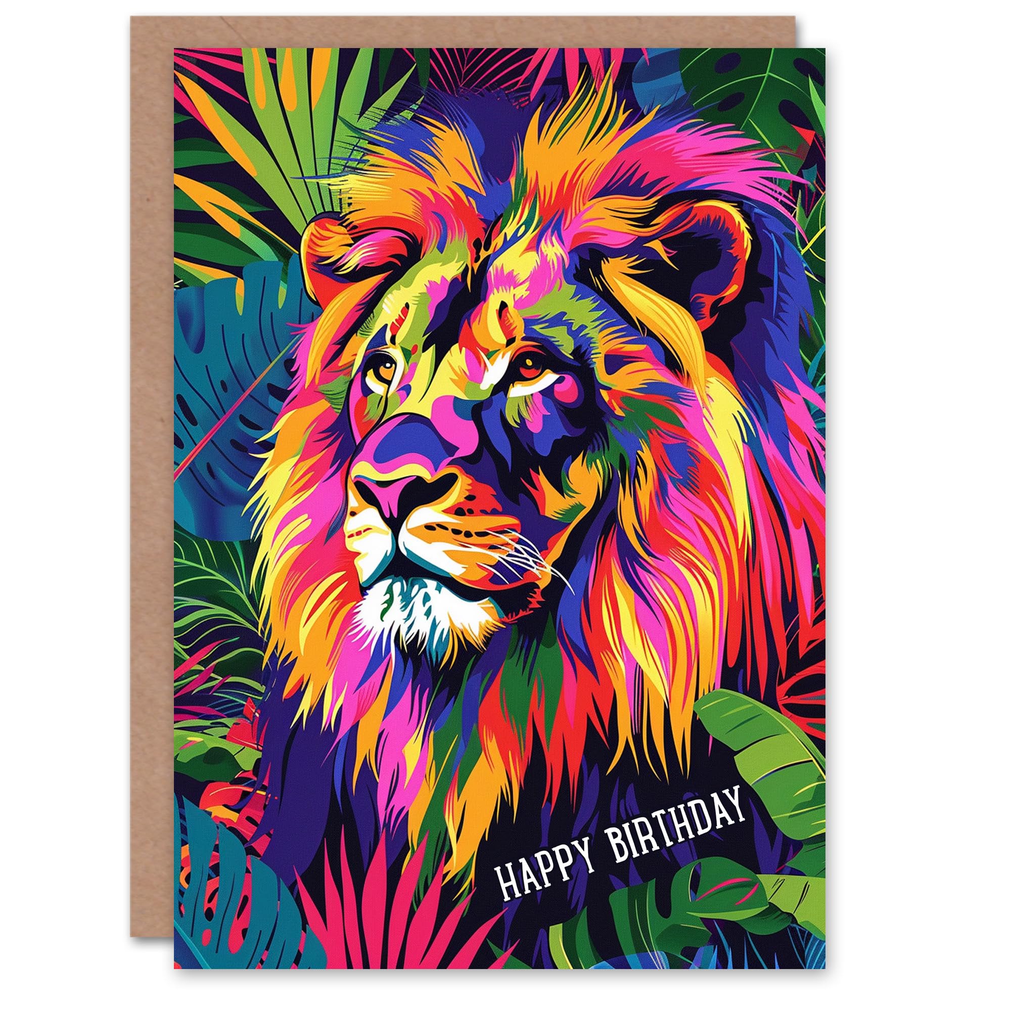 Artery8 Birthday Card Jungle Lion Vibrant Colourful Design For Him Man Male Dad Brother Son Papa Grandad Greeting Card