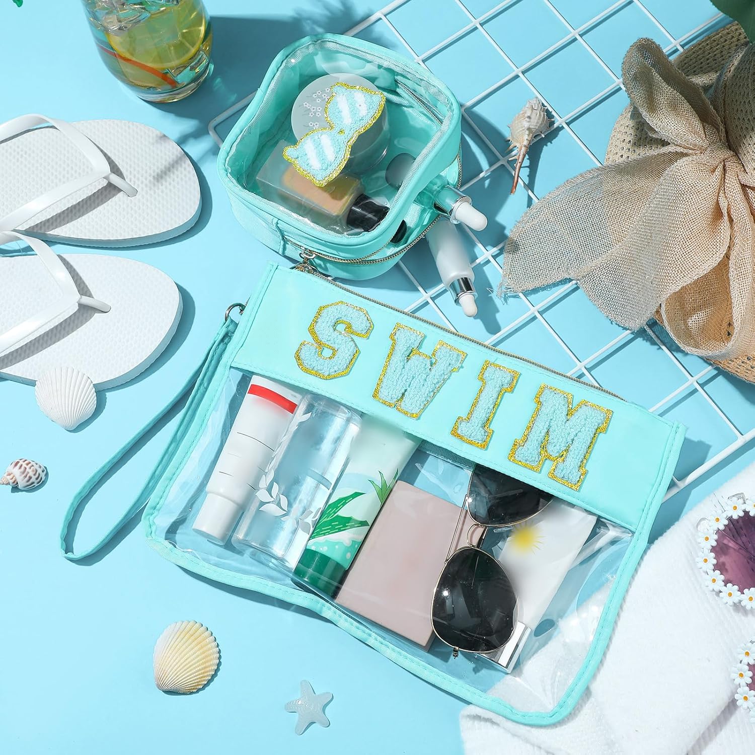 Hillban 2 Pcs Swim Bag Chenille Letter Preppy Patch Makeup Pouch Flat Clear Pouch PVC Organizer Purse Waterproof Travel Cosmetic Bags Pool Swim Coach Team Gifts for Women - Image 4
