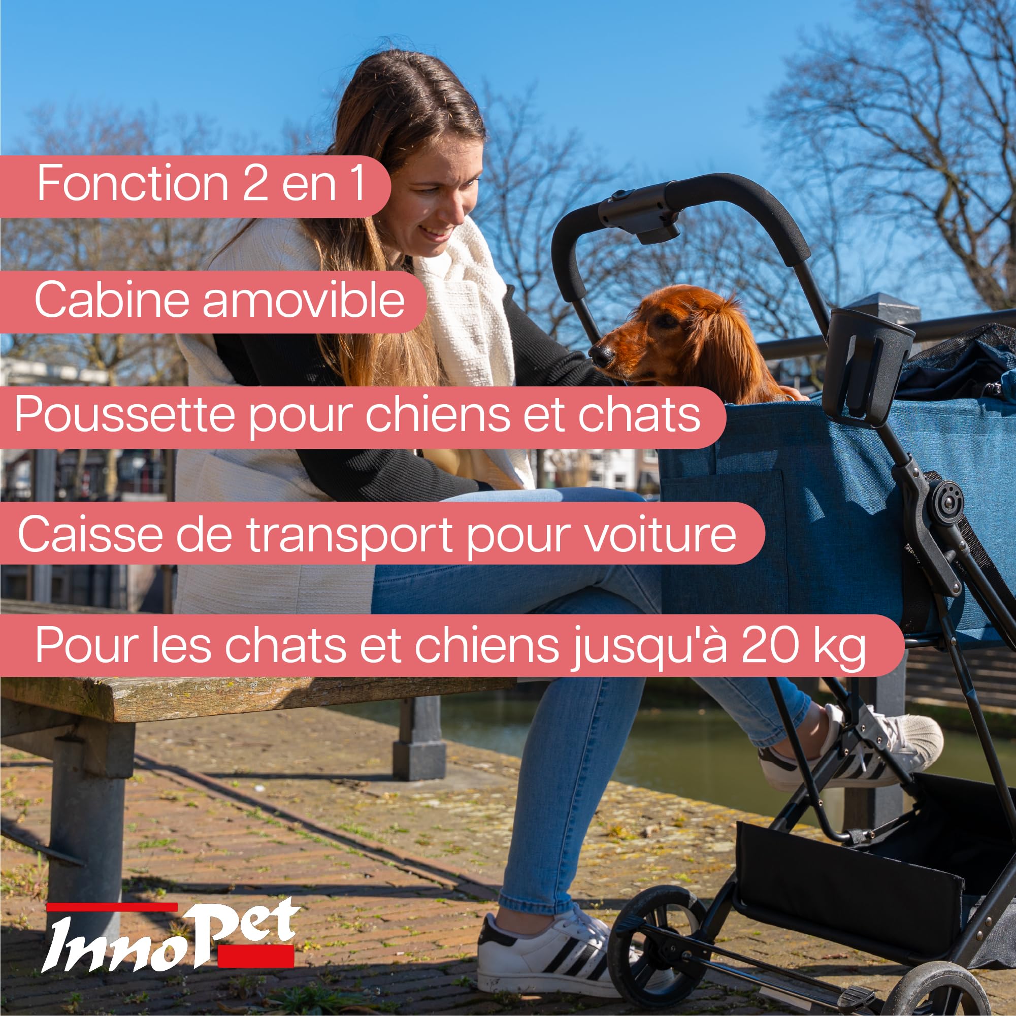 Poussette compacte 2 en 1 Innopet pour chiens et chats - Poussette pliable pour animaux avec sac de transport amovible - Buggy légère pour animaux de petite et moyenne taille jusqu'à 20 kg