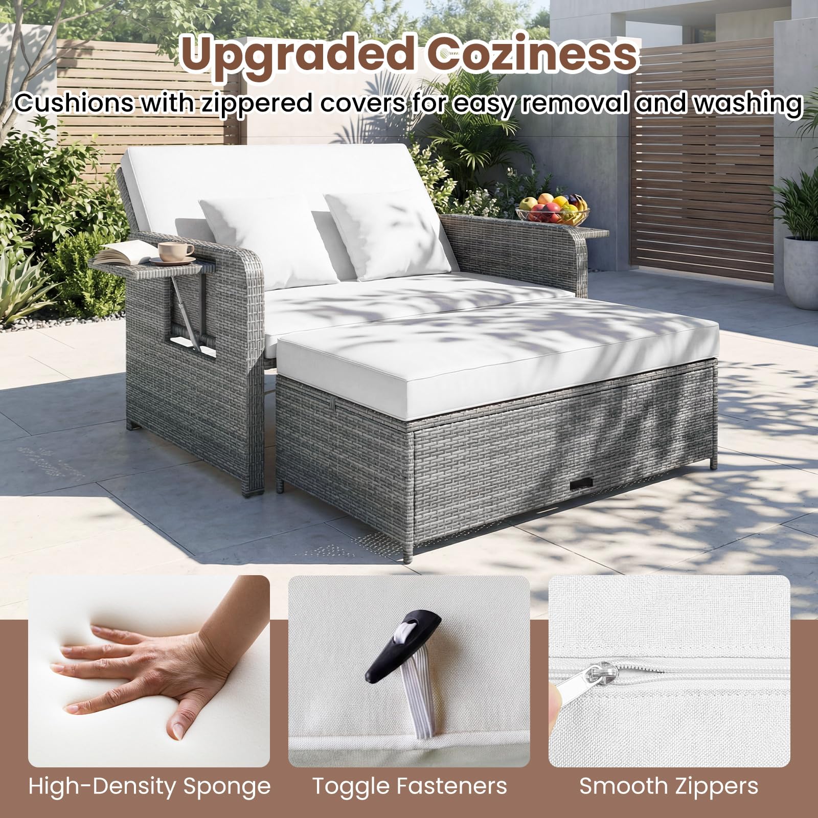 GIANTEX Set Divano da Esterno con Letto da Giorno 2 Pezzi, Divano a Due Posti in Rattan PE con Pouf Contenitore, Schienale Regolabile, Tavolini Laterali Richiudibili e Cuscini Morbidi (Bianco)