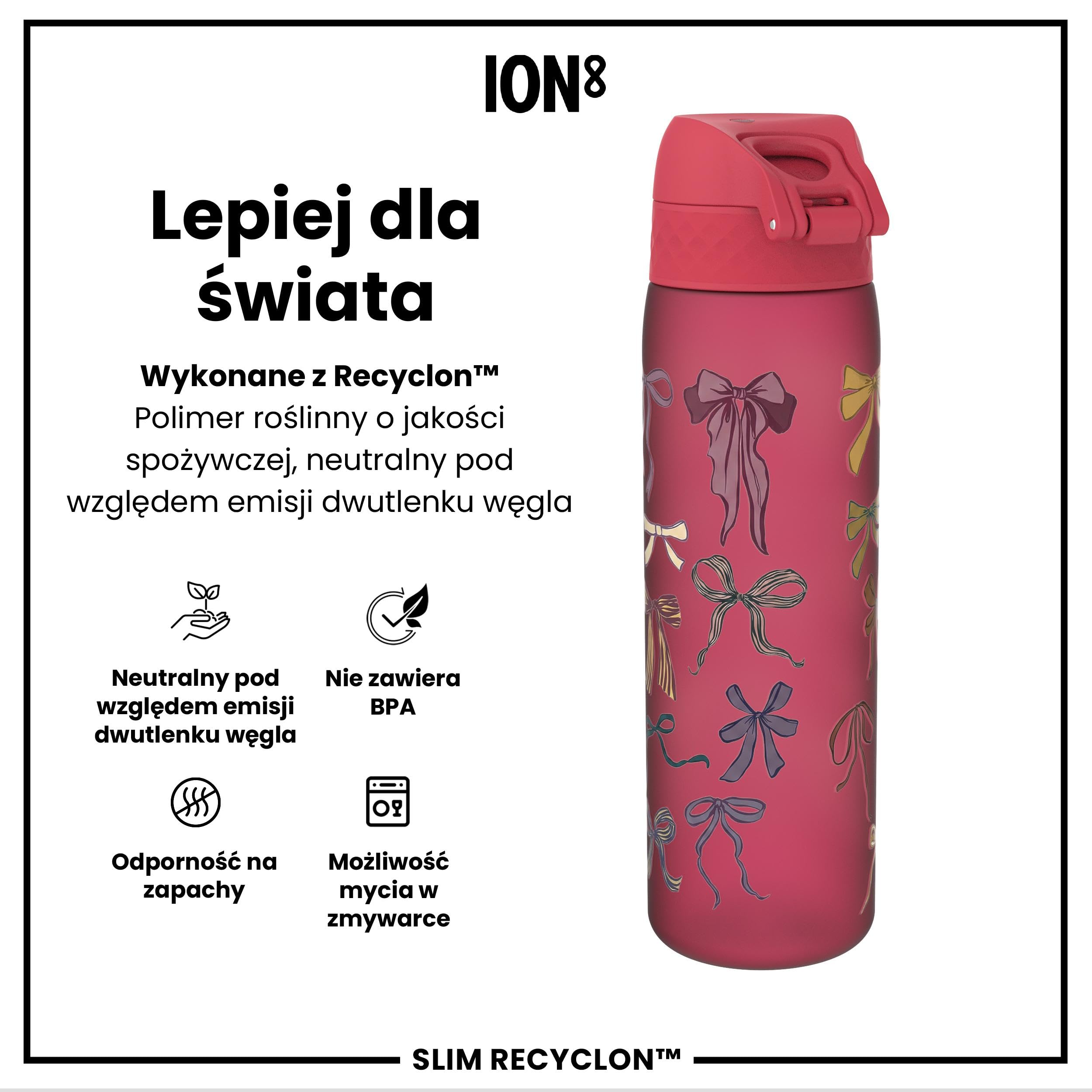ION8 Butelka na Wodę, 500 ml/18 oz, Szczelna, Łatwe Otwieranie, Bezpieczny Zamek, Można Myć w Zmywarce, Bez BPA, Higieniczne Pokrycie, Uchwyt do Przenoszenia, Łatwa Czyszczenie, Kokardy