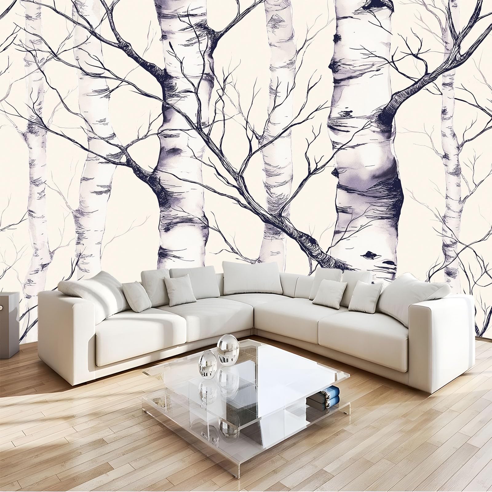Panoramiczna tapeta w paski lasu brzozowego, tapeta z włókniny akwarelowej biały czarny do sypialni salonu jadalni-200 cm x 140 cm nowoczesna dekoracja ścienna tło