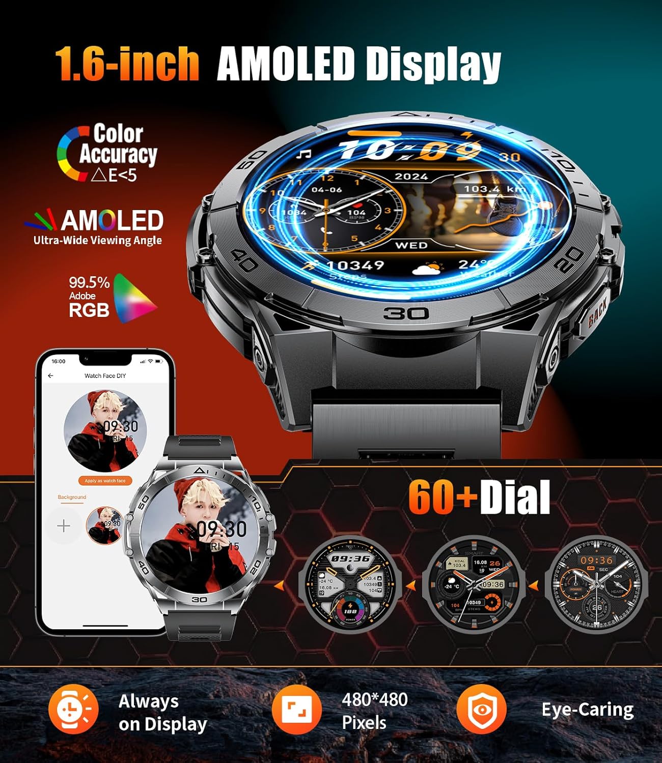 SUNKTA Smart Watch 1.6-inch AMOLED display with customizable watch faces