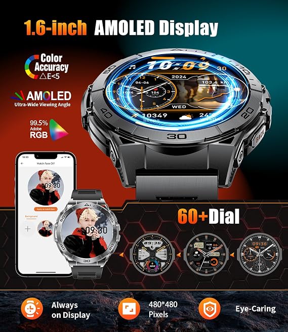LIGE Smart Watch for Men,1.6 AMOLED Screen /600mAh Battery/5ATM Waterproof Smartwatches (Answer/Dial Calls) Fitness Tracker with Heart Rate/Sleep Tracking/Blood Oxygen for Android/iOS Black