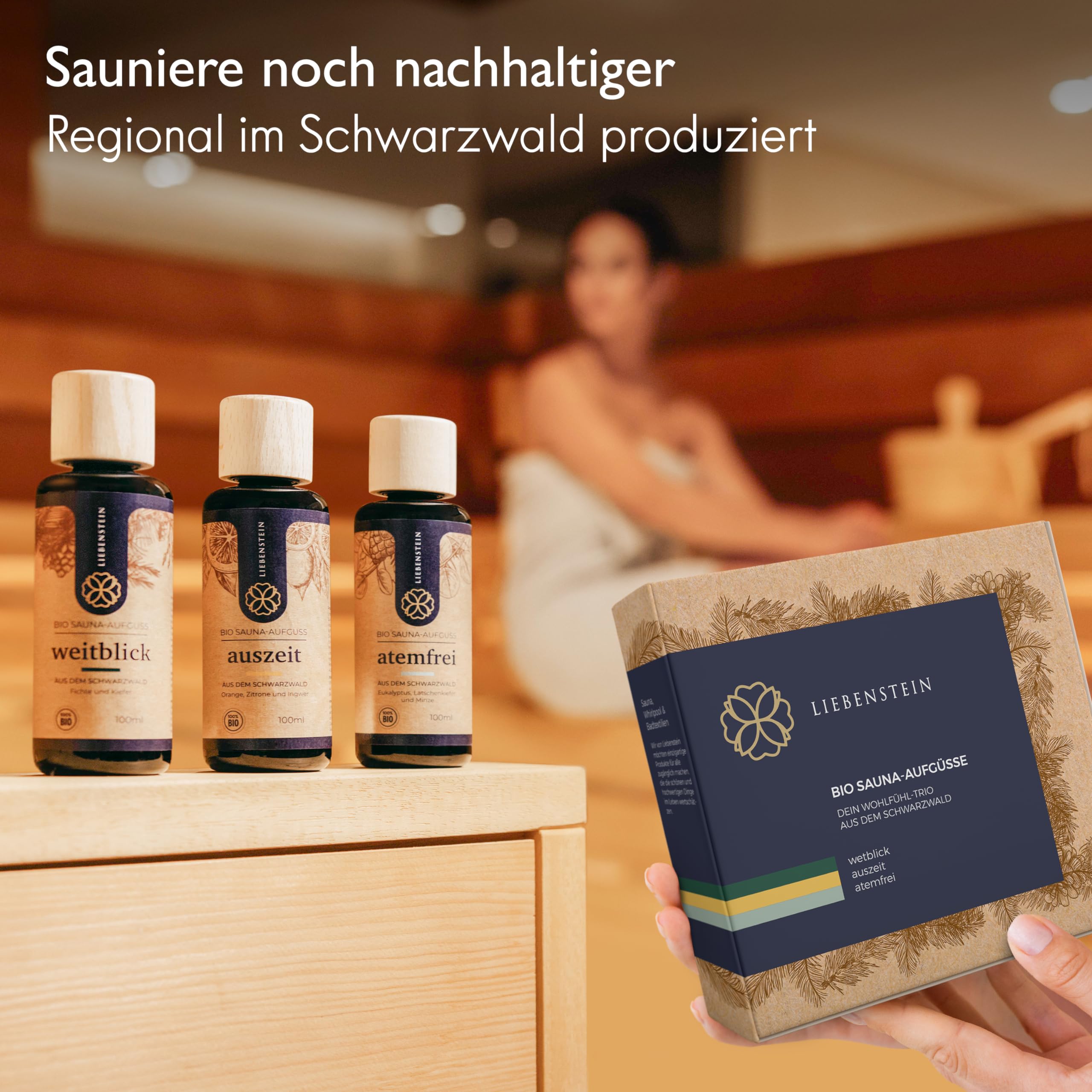 Liebenstein® BIO Saunaaufguss SET “Wohlfühl-Trio” [3x100ml Sauna Aufgussmittel] mit 100% naturreinen Bio Ölen - regional und nachhaltig - Schwarzwald Sauna Set für ein intensives Dufterlebnis