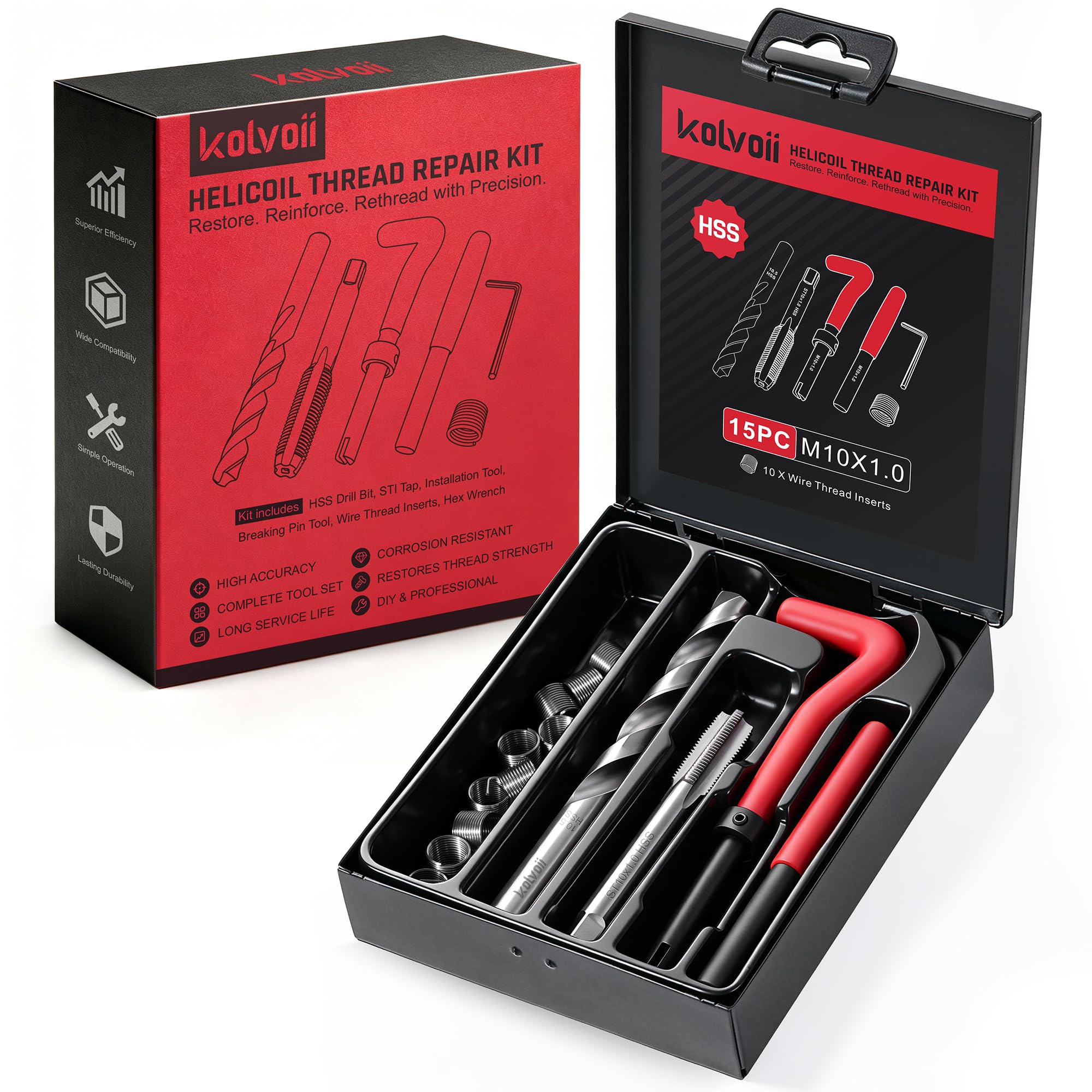 Kolvoii Kit di riparazione filettatura M10 x 1,0, kit di riparazione filettatura metrica elicoidale con punte da trapano HSS, inserti filettati, rubinetti, strumenti di installazione