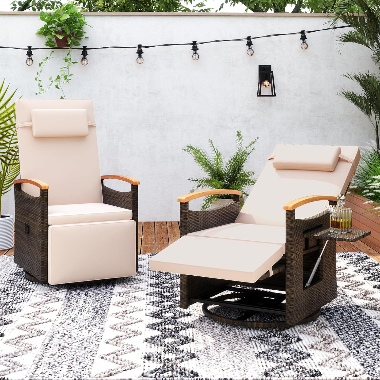 Image showing the assembled Tangkula Patio Rattan Swivel Recliner Chairs with a side table in an outdoor patio setting.