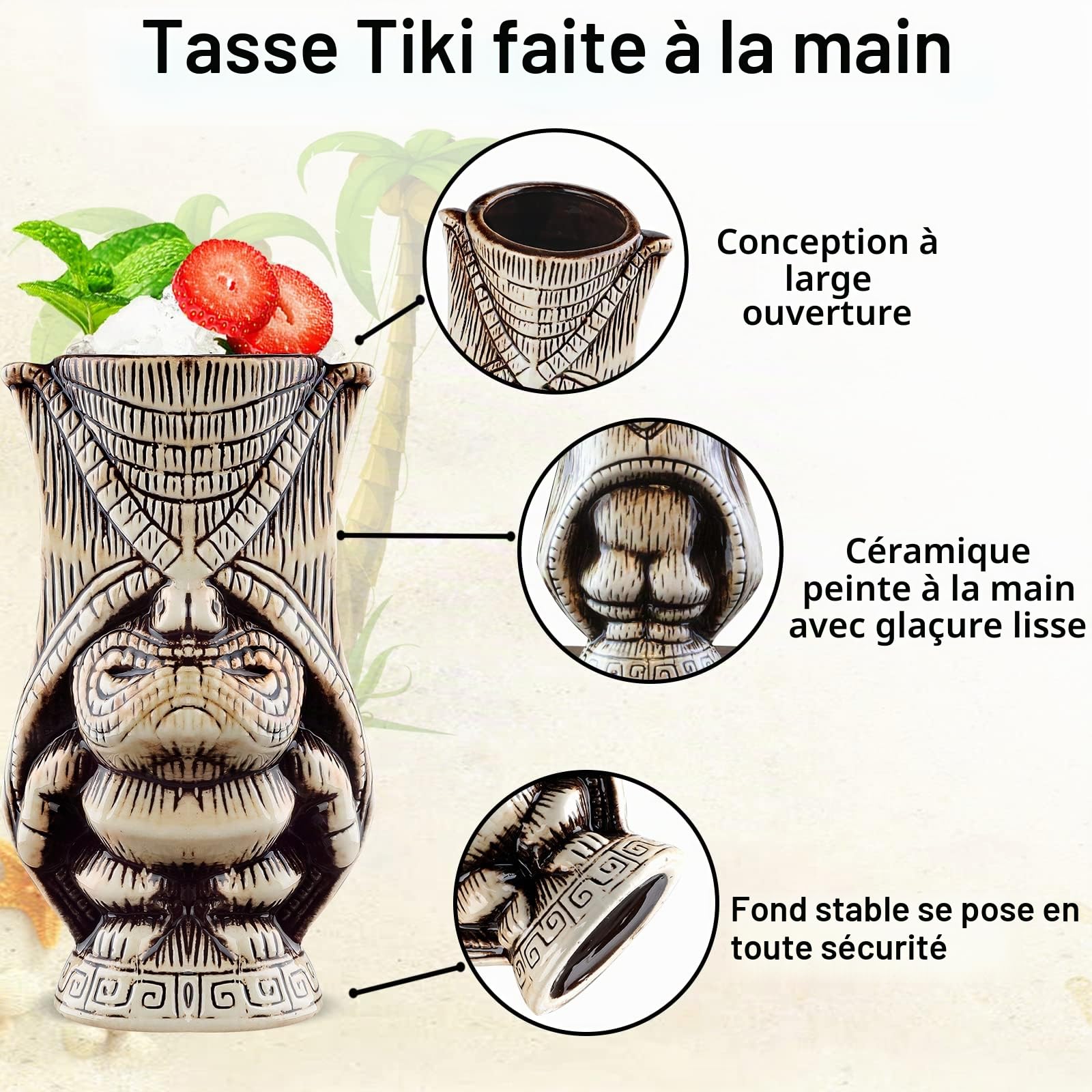 Lot de 3 verres à cocktail en céramique - Tiki exotiques - Décoration professionnelle pour bar hawaïen (3 pièces)
