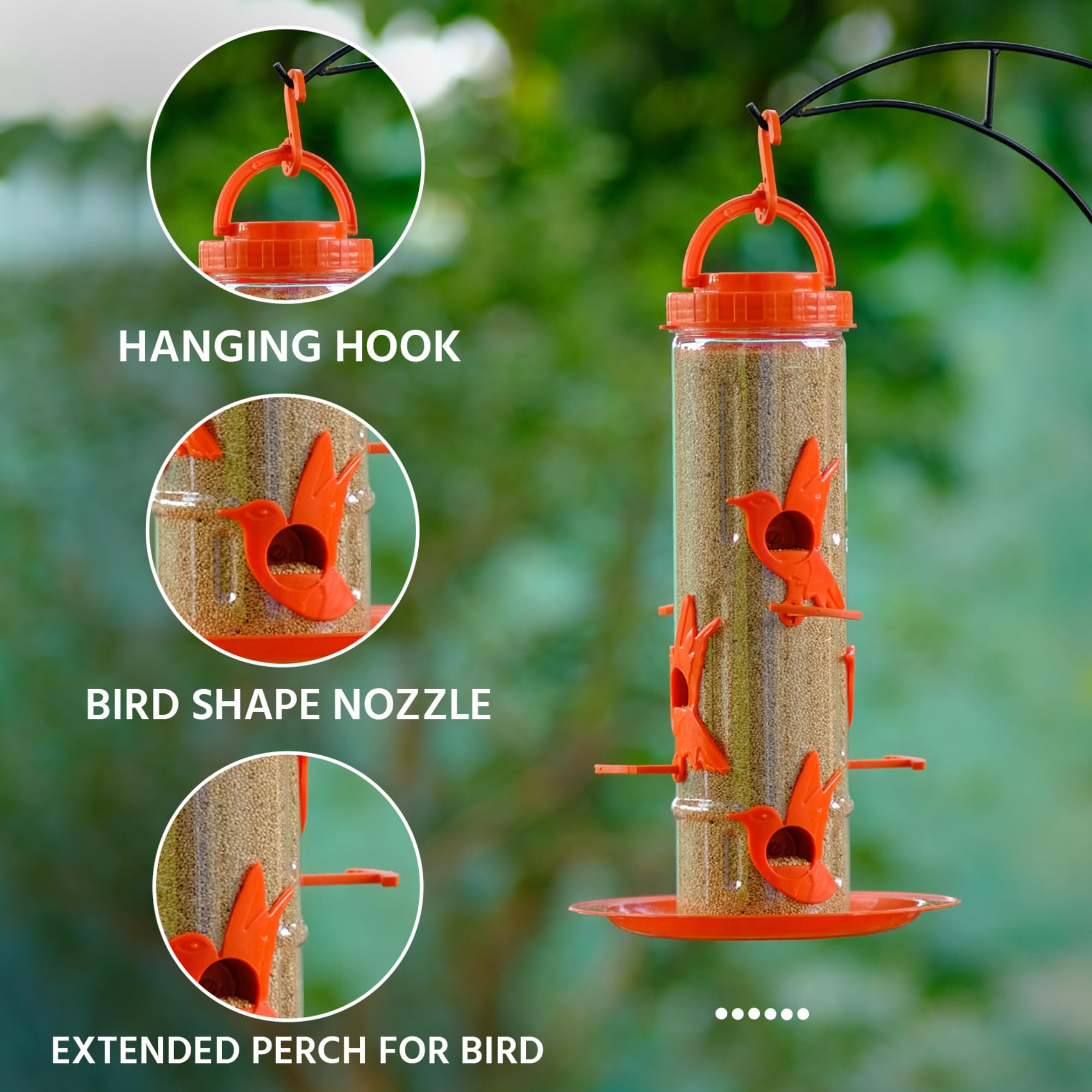 Amijivdaya Hanging Bird Feeder with 6 Feeding Ports | 900g Capacity | Food-Grade Plastic | Durable and Weather-Resistant Design (Orange, 1 Piece) 2