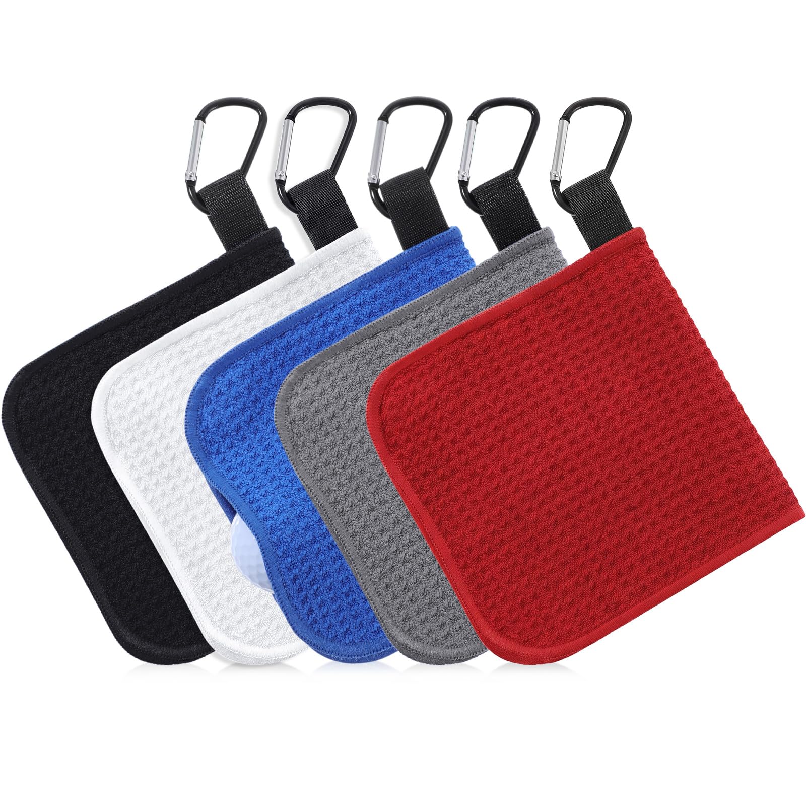 Batiyeer 5 Pack Small Golf Towel 5.5 x 5.5 Inch Microfiber Waffle Material with Clip Portable Pocket Golf Towel for Men Women Gift Cart Club Bag (Black,White,Blue,Gray,Red)