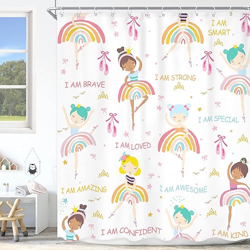 Miniatura 16 de Cortina de Ducha Bohemia Arcoíris 72 Pulgadas de Ancho x 84 Pulgadas de Largo Extra Larga Niños Niñas Lindo Juego de Baño Rosa de Lunares Niñas Un