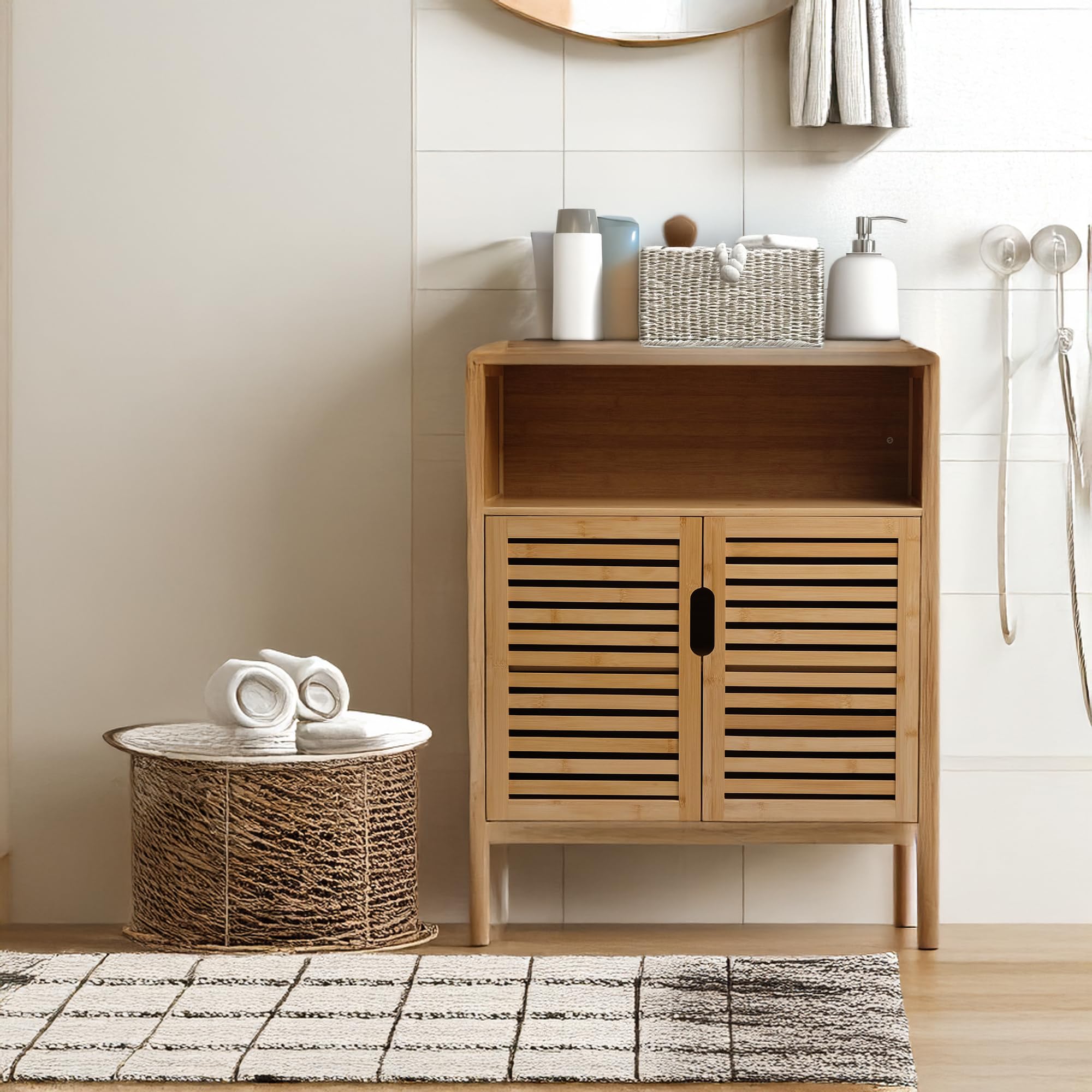 Armadietto da bagno in bambù, con 3 ripiani, 81 x 65 x 31 cm, colore naturale