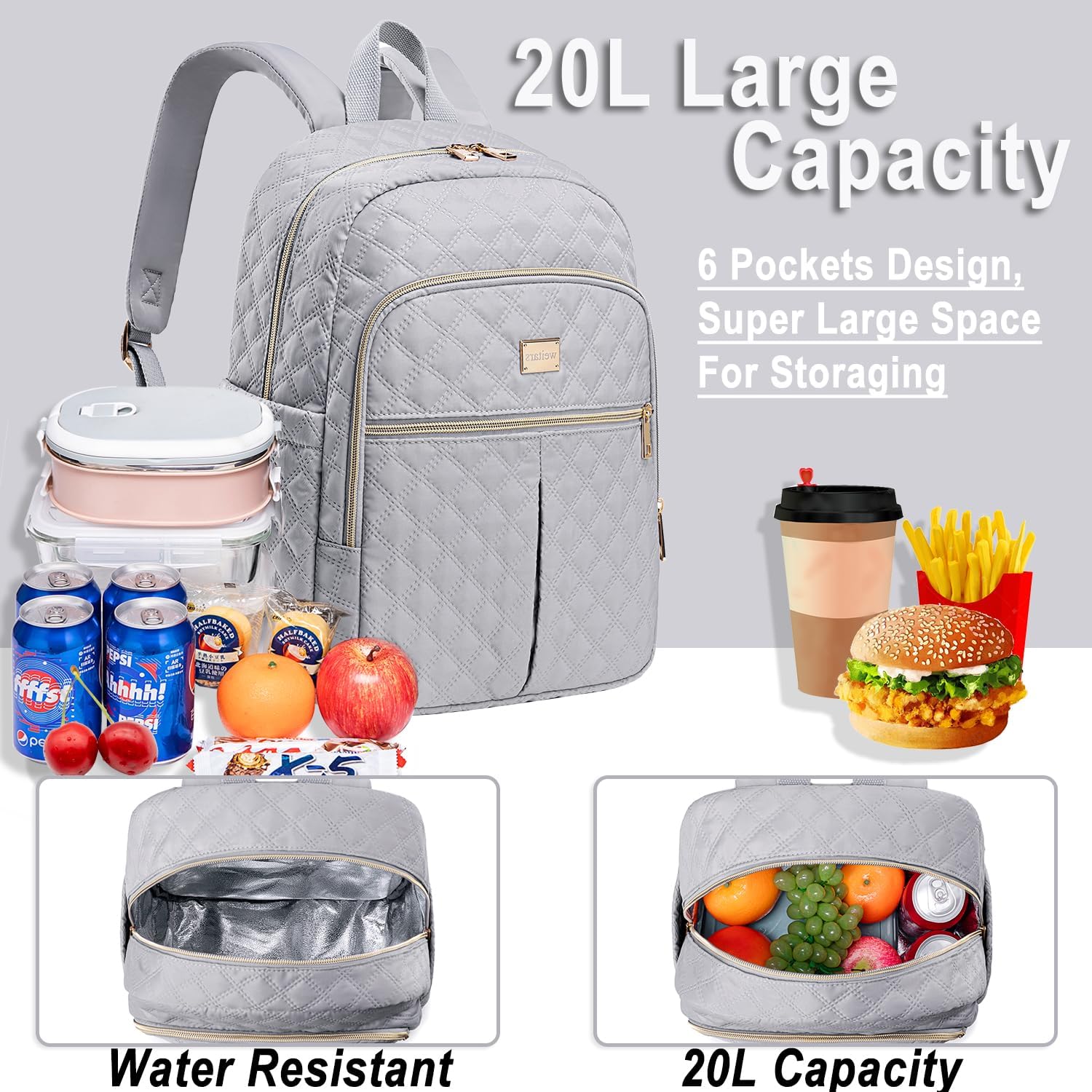 Weitars Lunch Backpack For Women Men,20L Cooler Backpack Insulated Lunch Bag For Women With Side Pockets Waterproof,Meal Prep Backpack,Adult Backpack Cooler For Lunch Picnic Hiking Camping Beach