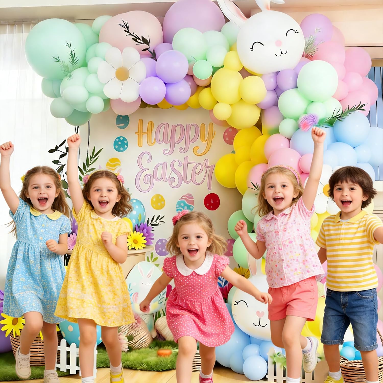 Easter Balloon Arch Garland Kit - Pastel Colorful Latex Balloons Different Sizes 12 10 5In with Bunny and Daisy Foil Balloons for Easter Birthday Baby Shower Spring Party Decor