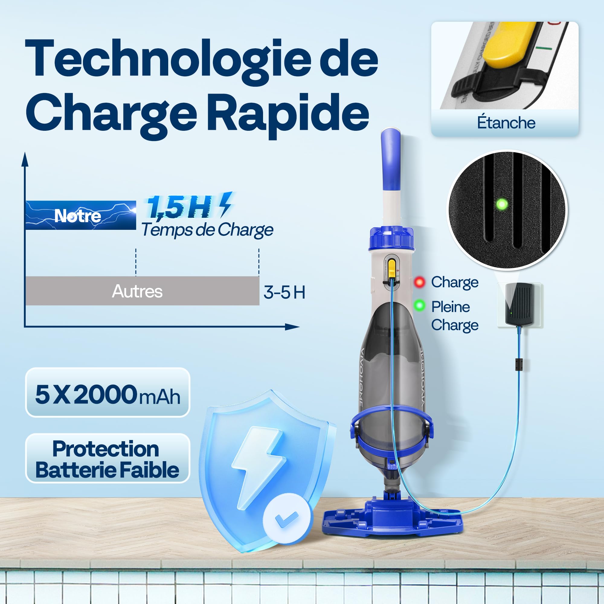 VIVOHOME Aspirateur de Piscine sans Fil 4200LPH avec Perche Télescopique 213cm, Nettoyeur de Piscine Portable avec 4 Sacs Filtrants, Autonomie jusqu'à 60 Minutes, pour Piscines et Spas