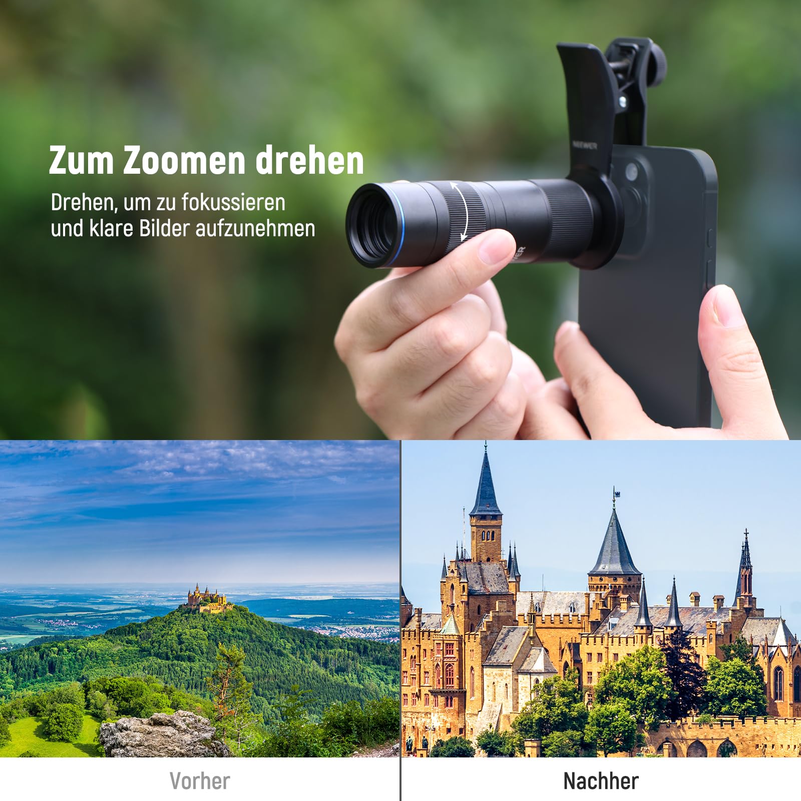 NEEWER 400mm Teleobjektiv für Smartphone Kamera mit 17mm Objektivclip mit Gewinde 70cm minimale Makro Fokusdistanz 2X Zoom für Rückplatte Phone Käfig Hülle kompatibel mit iPhone Samsung Android, LS-78