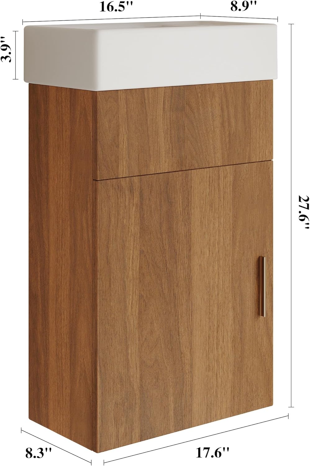 16.5 Inches Modern Floating Bathroom Vanity with Intergrated Ceramic Basin and Storage- Perfect for Small Bathroom