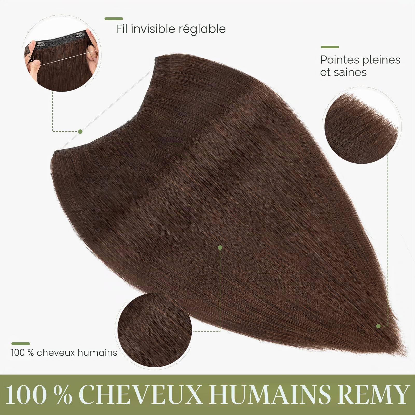 MY-LADY Extension Cheveux Naturel Fil Invisible 30cm Rajout Cheveux Humain Vrais avec Corde Ajustable pour Femmes #02 Marron Foncé 55g