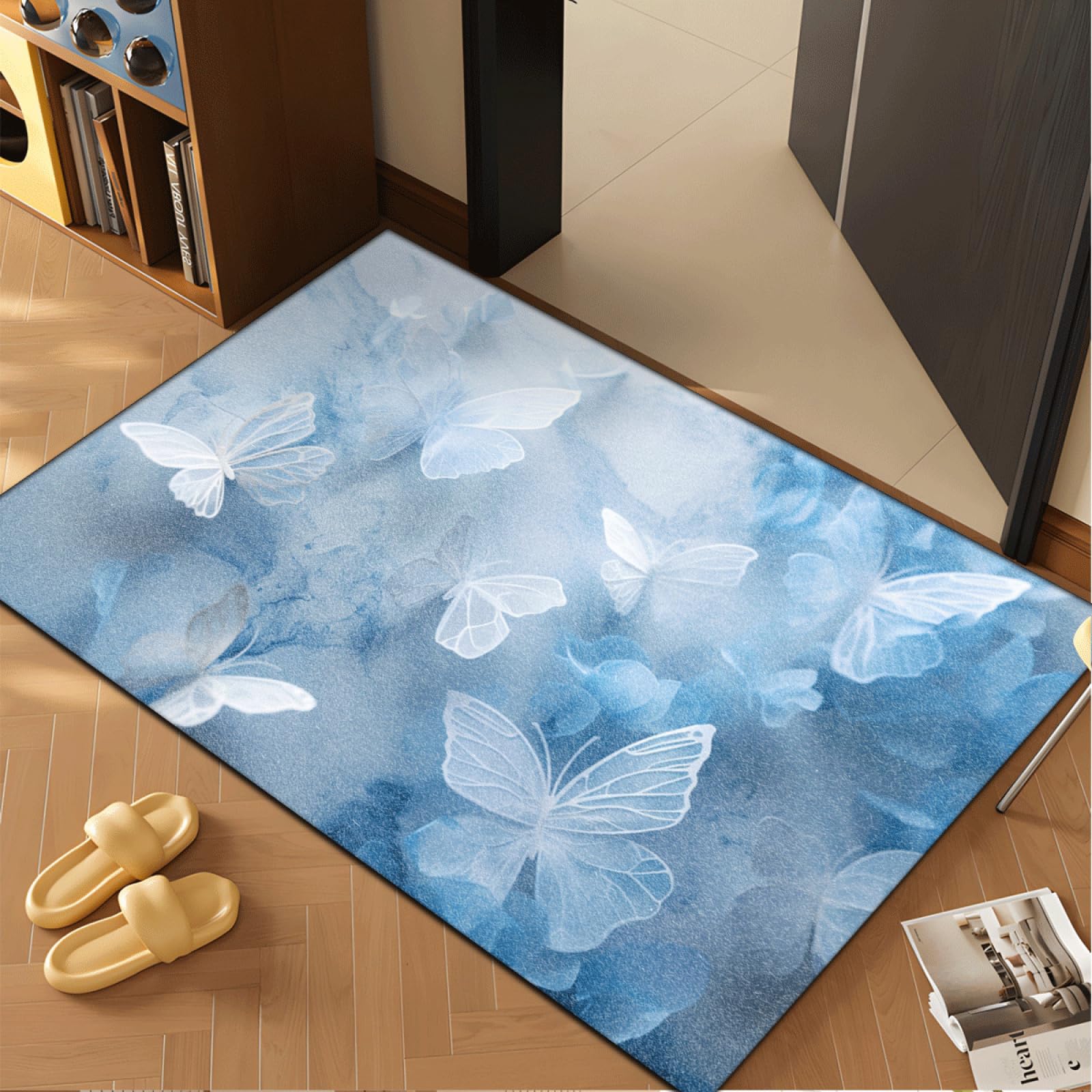 Fussmatte Innen 80x120 cm Retro Blauer Schmetterling Fussmatte Aussen rutschfeste für Hund Eingang Badematte Waschbar Schmutzfangmatte Strapazierfähige und Langlebige Fussmatten Haustür