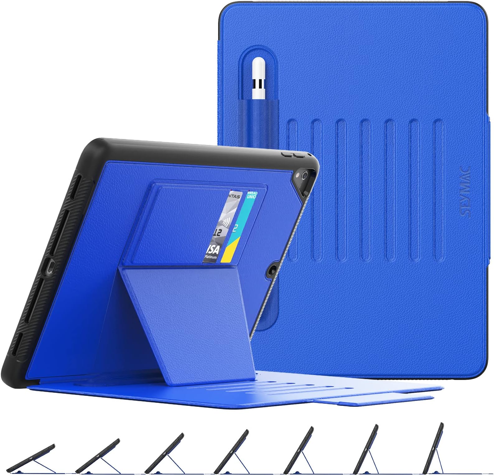 SEYMAC stock Case for iPad 6th/5th Generation/Air 2 / Pro 9.7'', Magnetic Auto Sleep/Wake Smart Cover with [Multi-angles Stand] Pencil Holder & Card Slot Feature for iPad 9.7 Inch 2018/2017, Blue