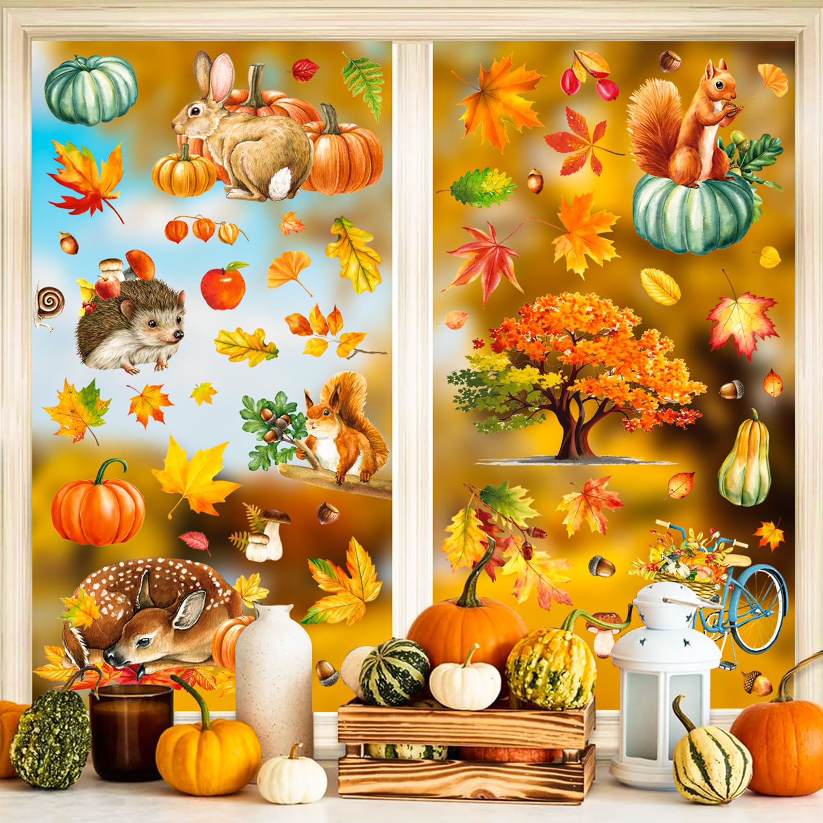 Fensterbilder Herbst, Kürbis Fenster Aufkleber Erntedankfest Blätter Eichhörnchen Fensterbilder Beidseitig Bedruckte Herbstdekore, Fensteraufkleber Anti Kollision für Thanksgiving Herbst Deko