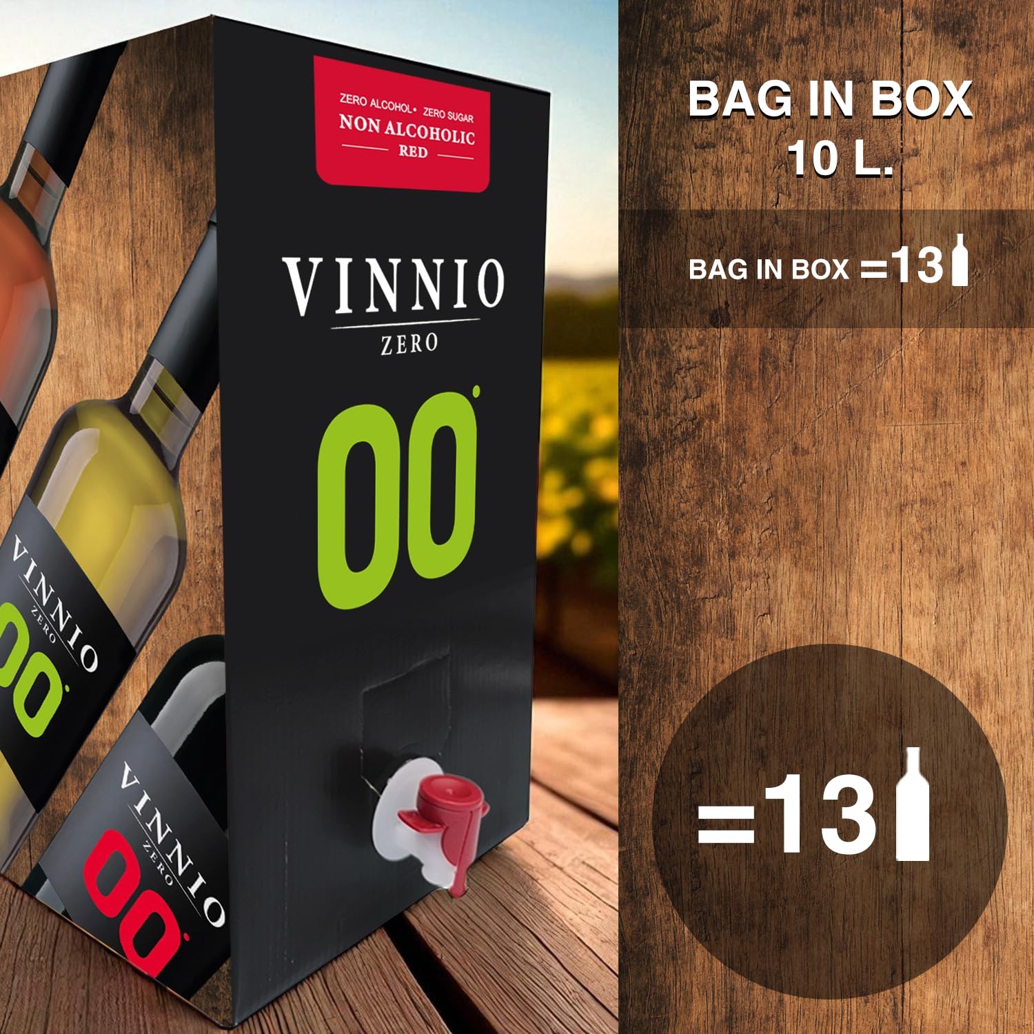 VINNIO – Vino rosso analcolico 0,0 Premium | Bag in Box da 10L (Equivale a oltre 13 bottiglie da 750 ml) | Formato risparmio con rubinetto (Senza zucchero, a basso contenuto calorico)
