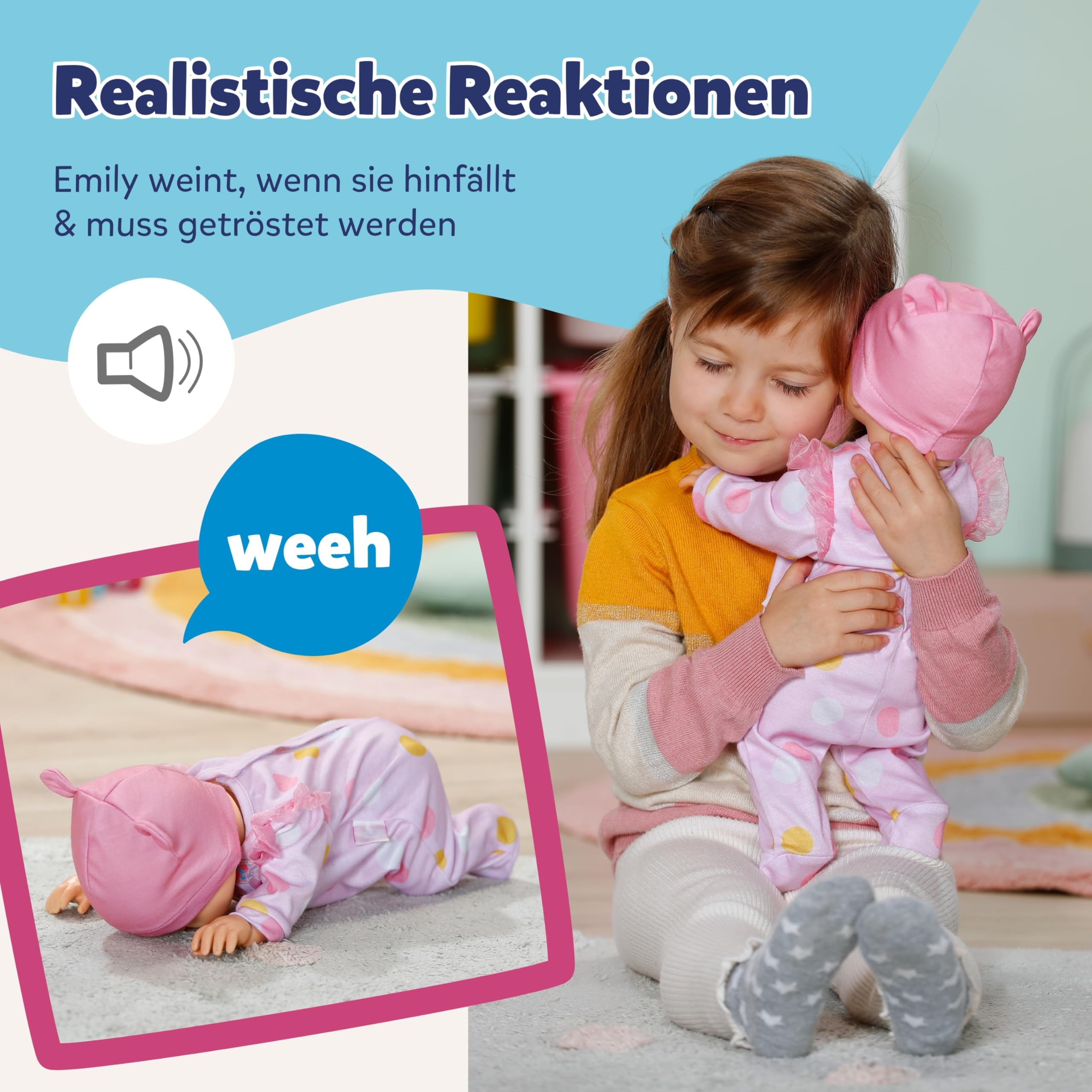 BABY Born Emily Lauf mit Mir - 43 cm Puppe mit elektronischen Funktionen - Krabbel- & Lauflernpuppe mit Soundfunktion - Inkl. rosa Strampler & Mütze - Geeignet für Kinder ab 3 Jahren