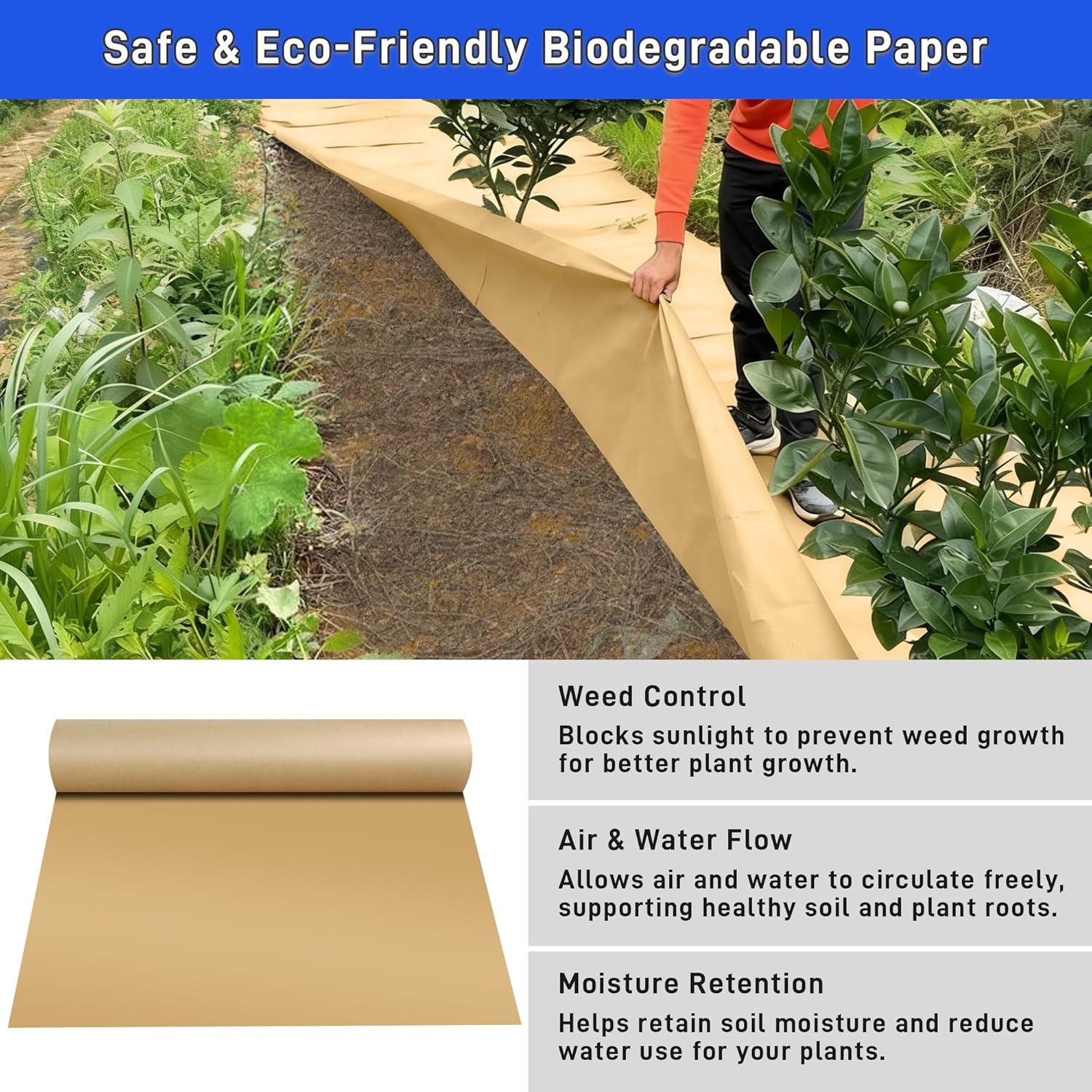 Biodegradable Paper Weed Barrier 3 x 100 Ft, Heavy Duty Garden Biodegradable Landscape Fabric Grass Paper Weed Control Barrier, Thick Kraft Paper Garden Mulch Rolls Weed Blocker for Lawn Landscaping