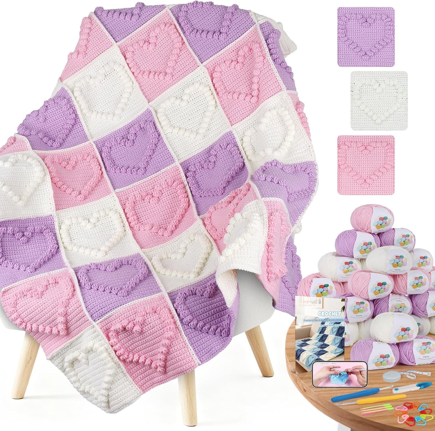 Coopay Häkeldecke Kit, Decke Häkelsets für Anfänger Erwachsene, Komplettes Starter-Häkelset mit Schritt-für-Schritt-Video & genug Garn, einfach zu häkeln 3D Love Granny Square Decke, Rosa-Lila
