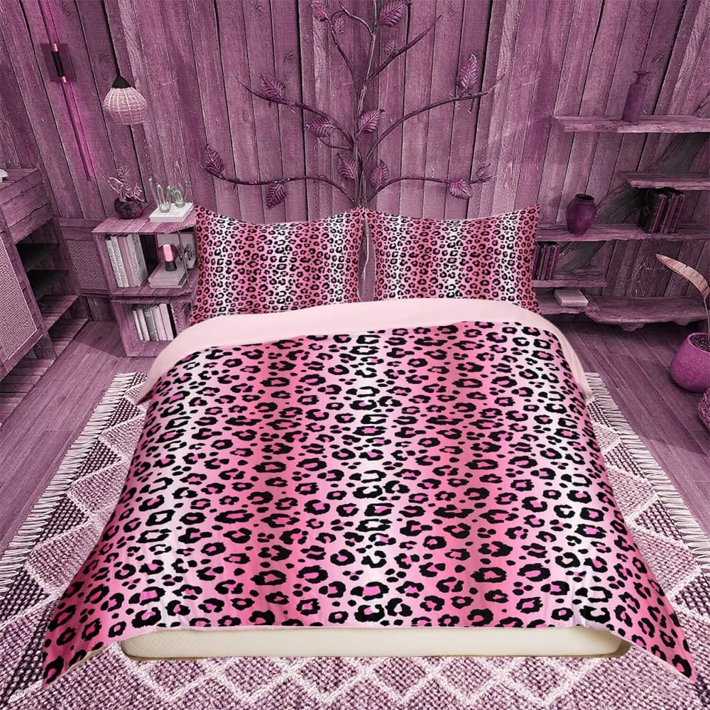 richhome Kids Leopard Bedding Set Super King Gradient Duvet Cover for Teens Bedroom Decor Animal Print Comforter Cover Set Rose and White Bedspread Cover With 2 Pillow Cases Fashion