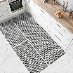 Kit Tapete de Cozinha Antiderrapante, Zig Zag, 3 Peças, Passadeira 150x45cm e 2 Tapetes 65x45cm, (Preto)