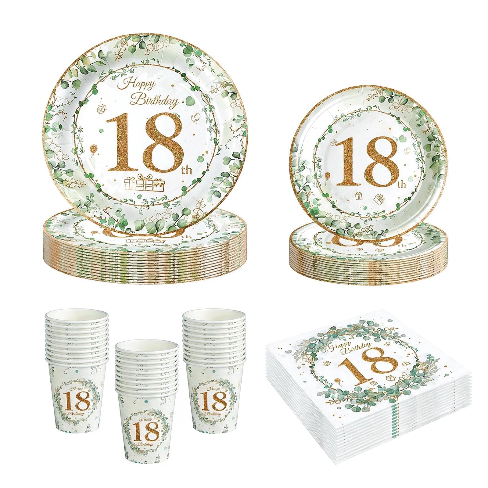 68Pcs 18th Birthday Paper Plates Cups Napkins, Sage Green Eucalyptus 18th Birthday Decorations, Disposable Party Tableware Set Serves 16 Guests for Women Her Party Supplies