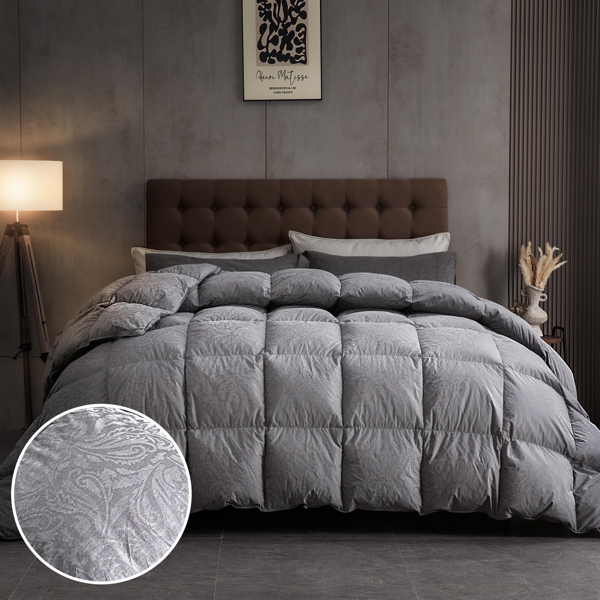 DAICO Goose Feather Down Comforter King Size, All Season Luxury Hotel Fluffy Duvet Insert, Ultra Soft 100% Cotton Shell with 8 Corner Tabs, Paisley Design (106x90'', Grey)