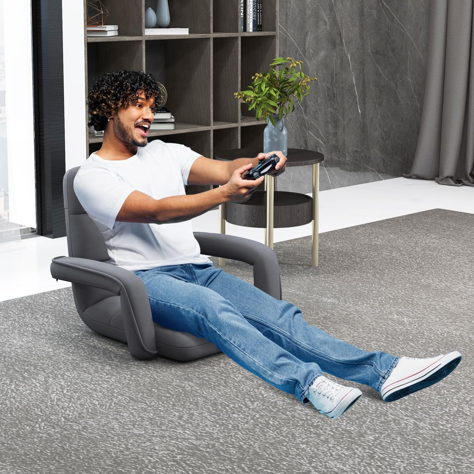 COSTWAY Bodenstuhl mit Verstellbarer Rückenlehne, Bondensofa mit gepolstertem Sitz, Bodensessel, Relaxsessel zum Spielen und Lesen, Grau