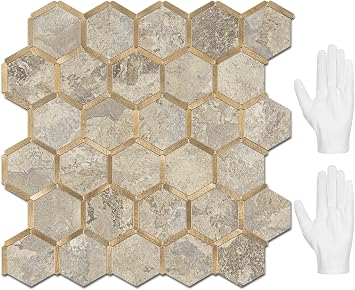 STICKGOO Hexagon Peel and Stick Backsplash Tile, Stick on Backsplash for Kitchen and Bathroom, Stone Beige PVC Mixed Metal Gold Self Adhesive Wall Tiles10 Sheets, Seamless