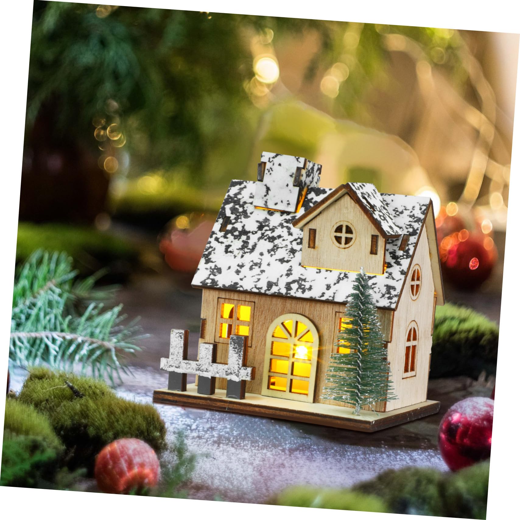 3 Pezzi Villaggio Natalizio in Legno con Illuminazione a LED Mini Case Rustiche per Decorazioni Natalizie su Mensola Stufa e Centro Tavola Decorazione Natalizia Fai da Te