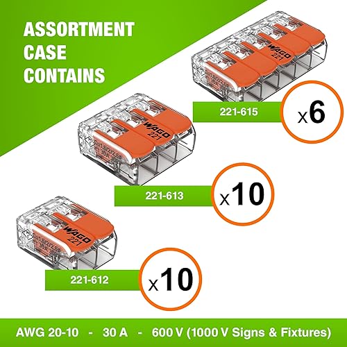 Miniatura 2 de WAGO 221-61x Series 26 piezas 10AWG Paquete surtido de conectores de alambre de empalme  Incluye (10 x 221-612), (10 x 221-613), (6 x 221-615)