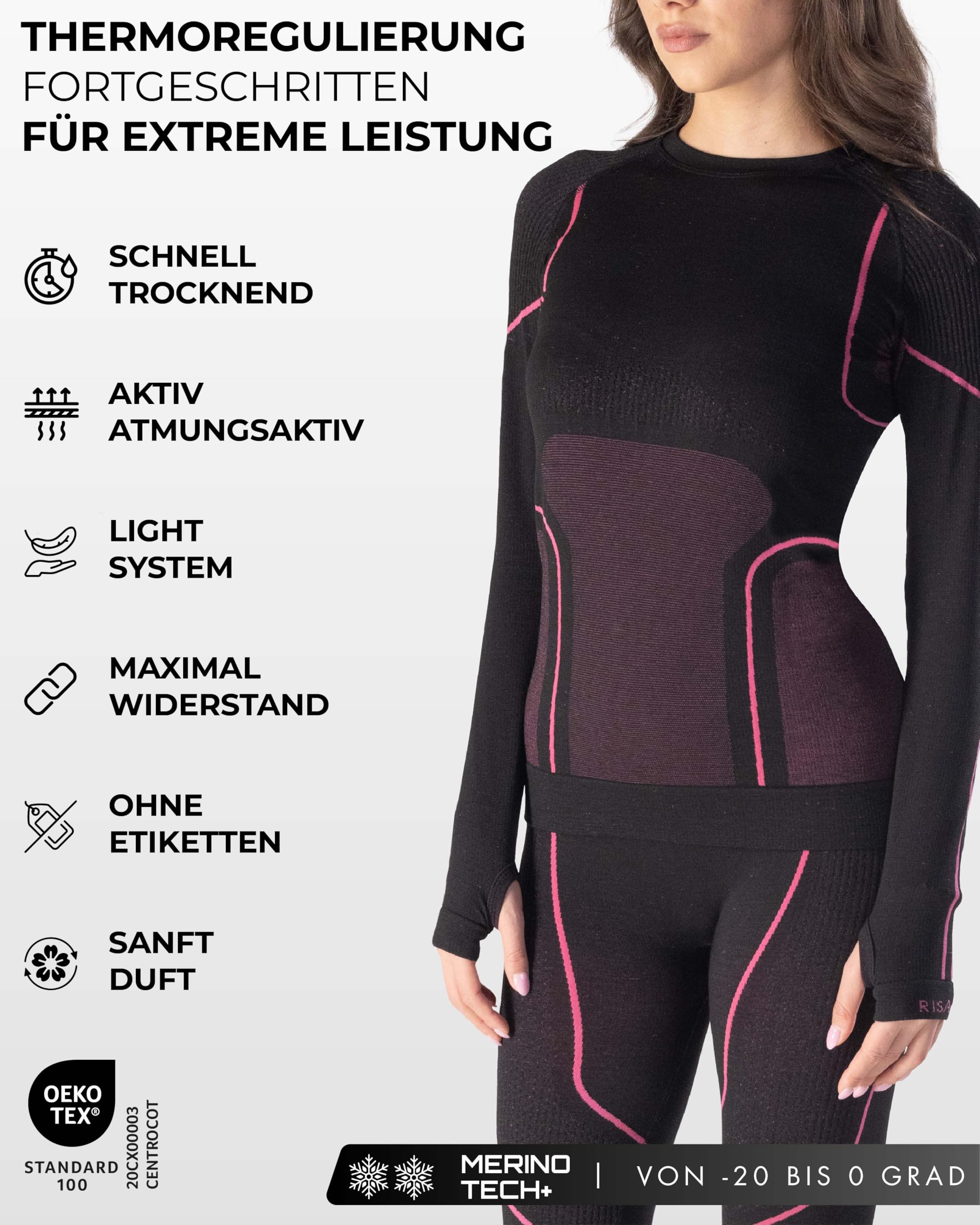 Risalti Thermo-Shirt für Damen, Langarm, Merino Tech – Thermo-Shirt für Damen aus Merinowolle, Thermounterwäsche für Damen, Winter, Thermounterwäsche für Damen, nahtlos, hergestellt in Italien