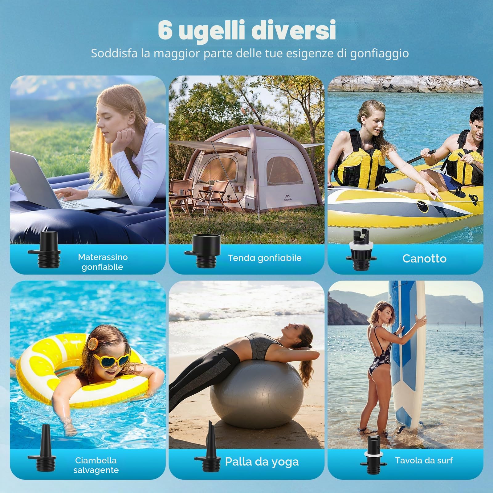 Pompa Elettrica SUP 20PSI, Pompa SUP Ricaricabile Gonfiabile con Gonfiaggio Intelligente a Doppio Stadio & Auto-Spegnimento, 6 Ugelli per Canoa, Barca, Tenda, Kayak Gonfiabile