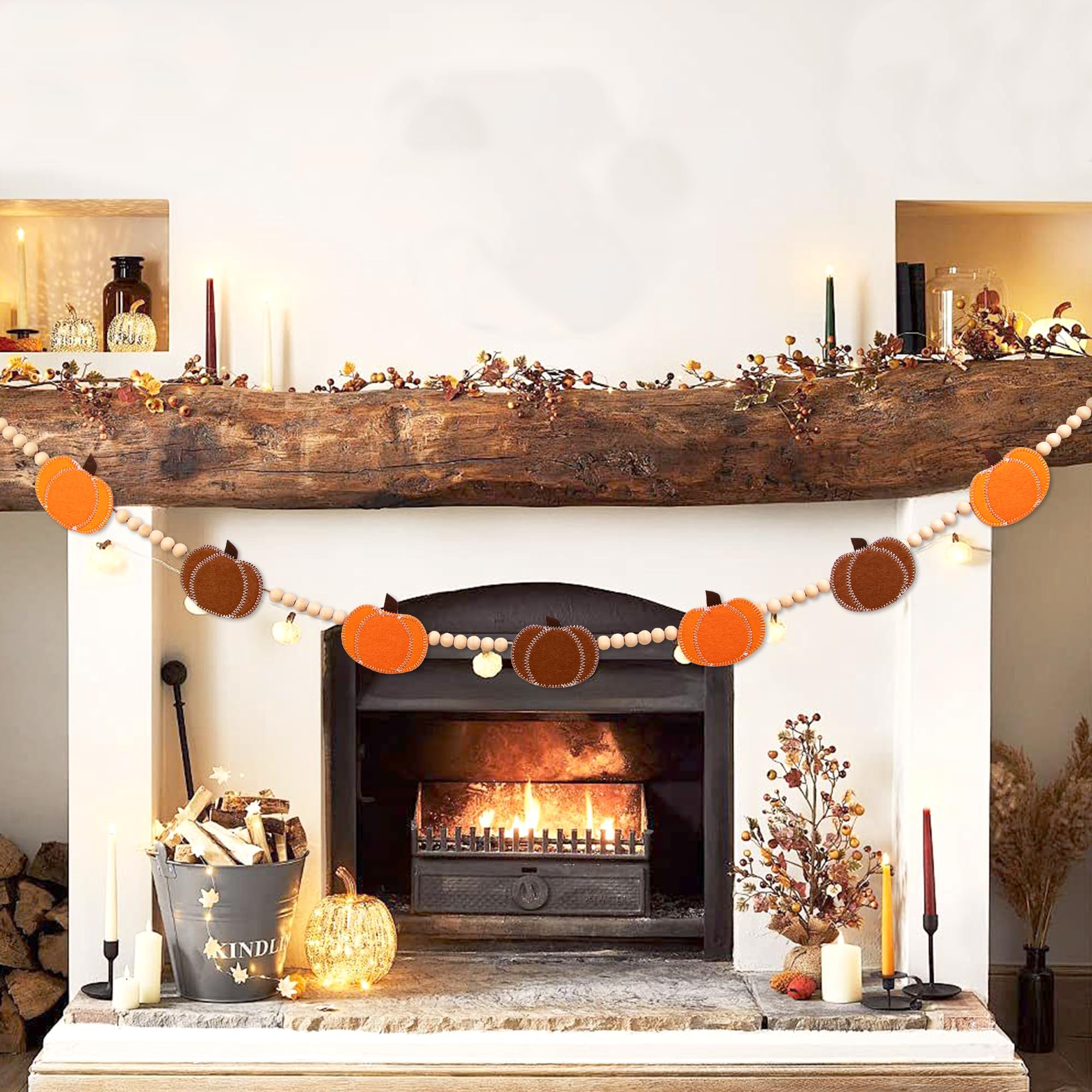 Fall Decor Pumpkin, Felt Pumpkin Garland with Wood Bead and Hemp Rope for Fall Decorations Indoor, Farmhouse Fall Decorations for Home Fireplace Mantel, 2-Color Fall Garland