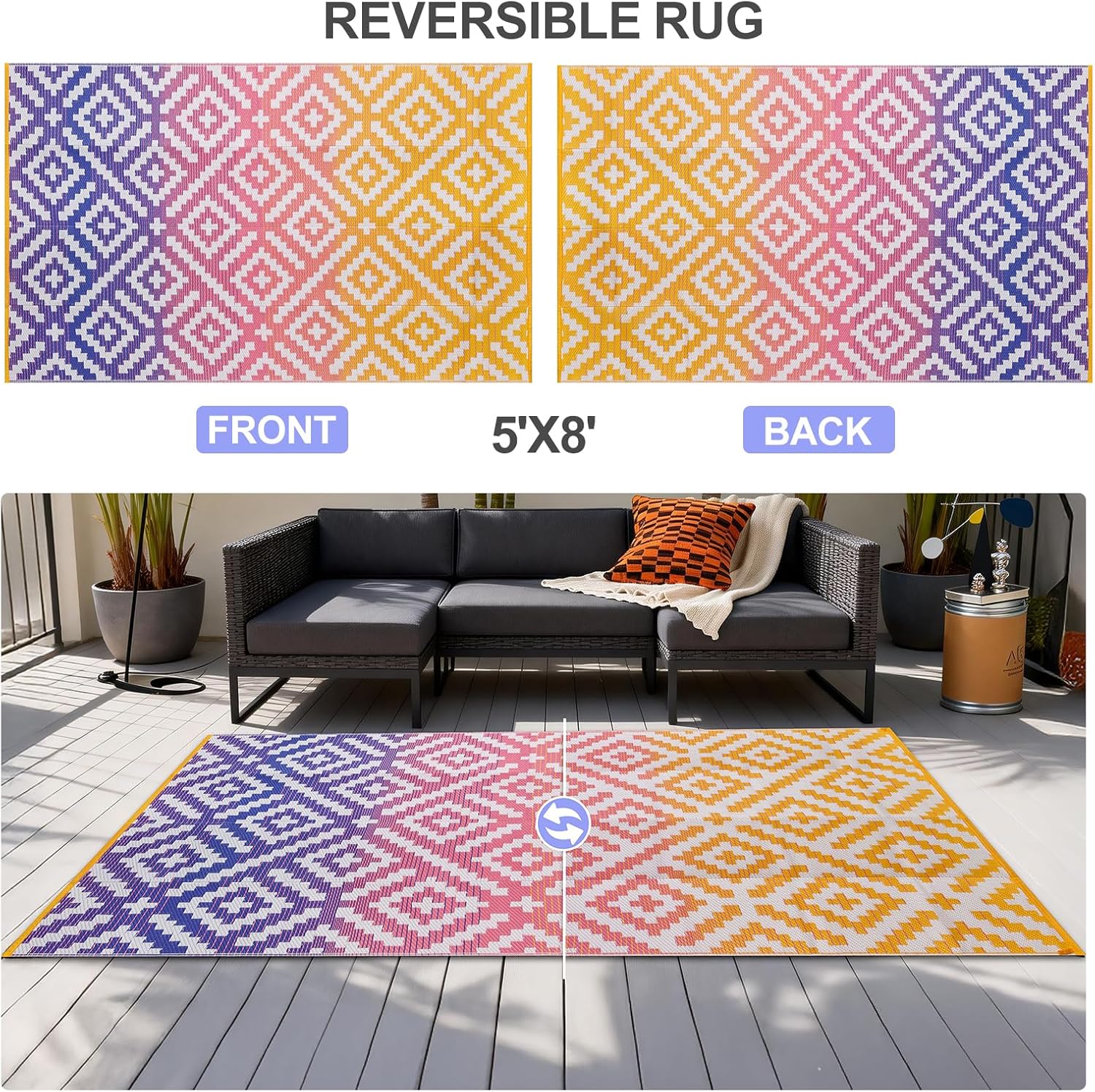 YONILE Outdoor Rug Waterproof for Patio,5x8 ft Outdoor Plastic Straw Rug,Reversible Plastic Area Rugs Mat Outside Carpet for RV, Deck, Porch, Picnic, Beach, Balcony