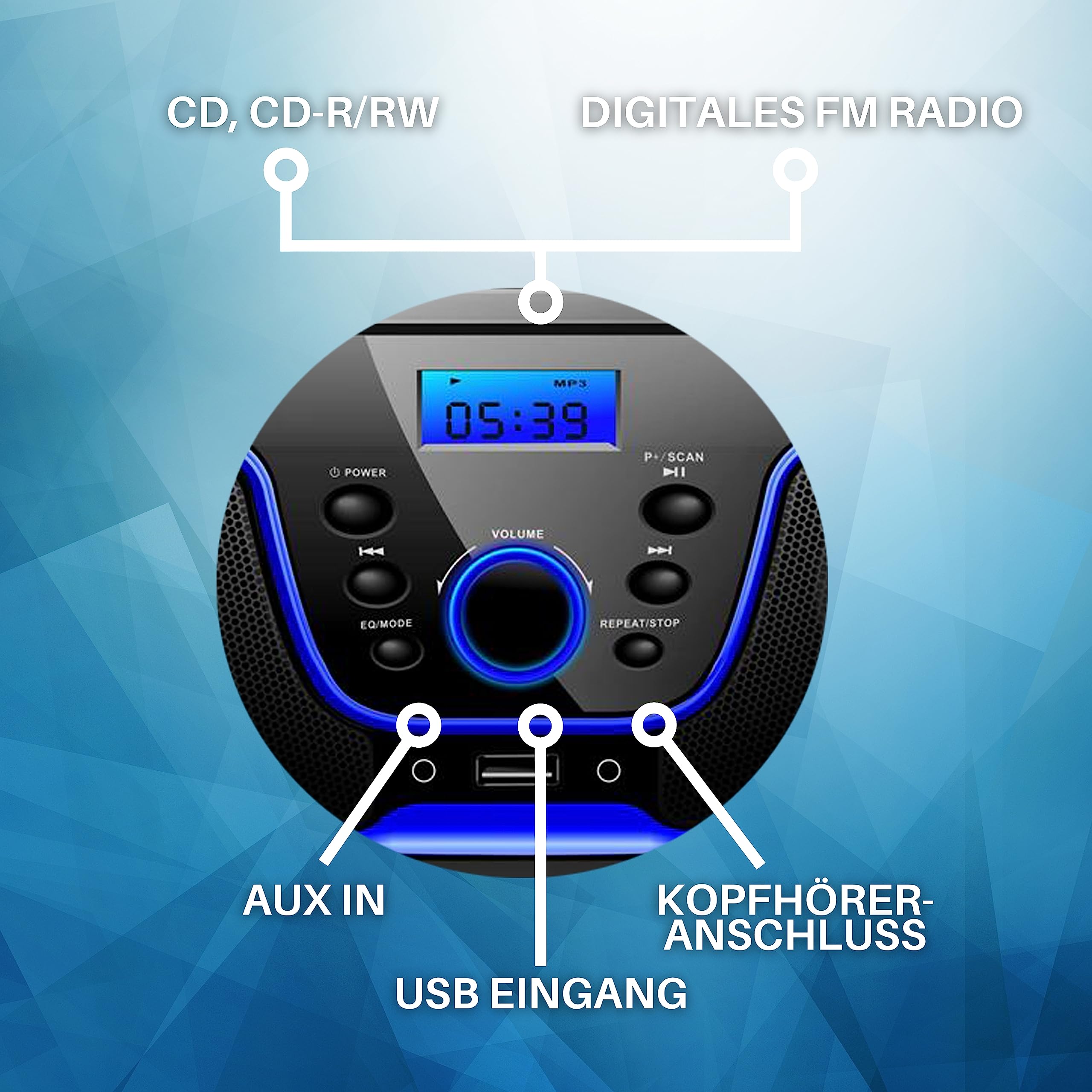 Lecteur CD/CD-R portable - Boombox - USB - Radio FM - Entrée AUX - Prise casque enfant - Chaîne stéréo - Système compact (Dark Blue)