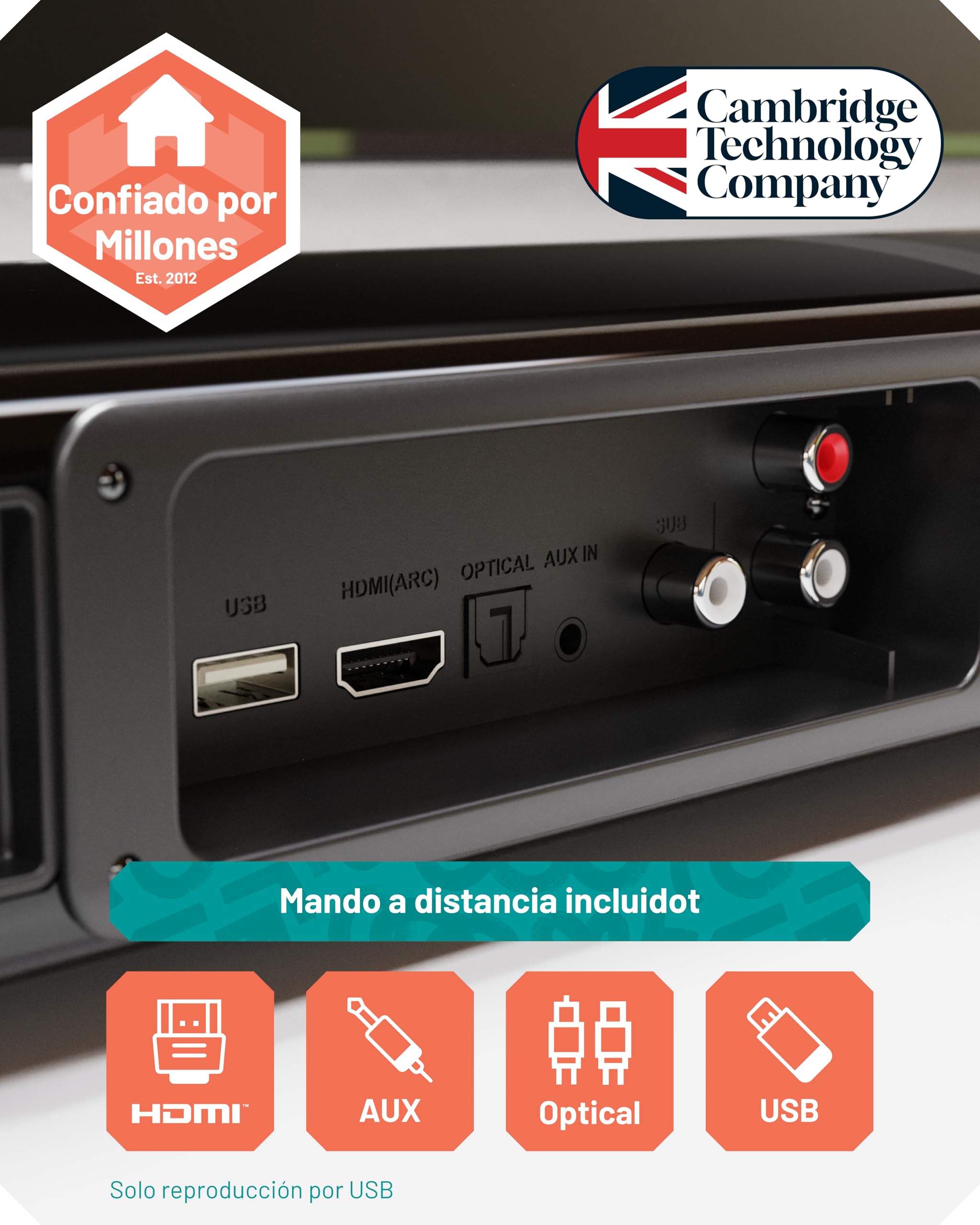 Oakcastle SB80 Xtra Barra de Sonido TV Home Cinema 200W 2.1 Canales Bluetooth 5.3 HDMI ARC Óptica AUX USB