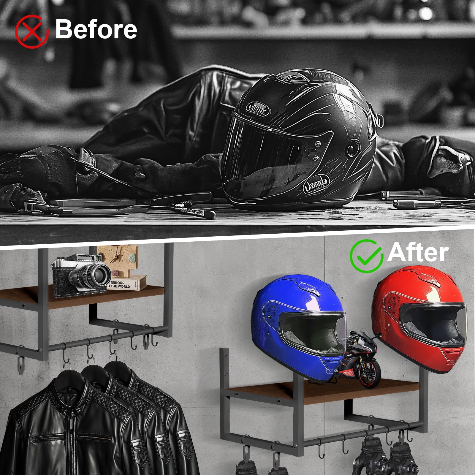 Helmhalter Wand Wandhalterun, Motorradhelmhalter Plattenständer Display Organizer mit 1 Holzschichtbrettern, 2 Helm ständer für Motorrad, Fußball, Radfahrerausrüstung, Dunkelbraun