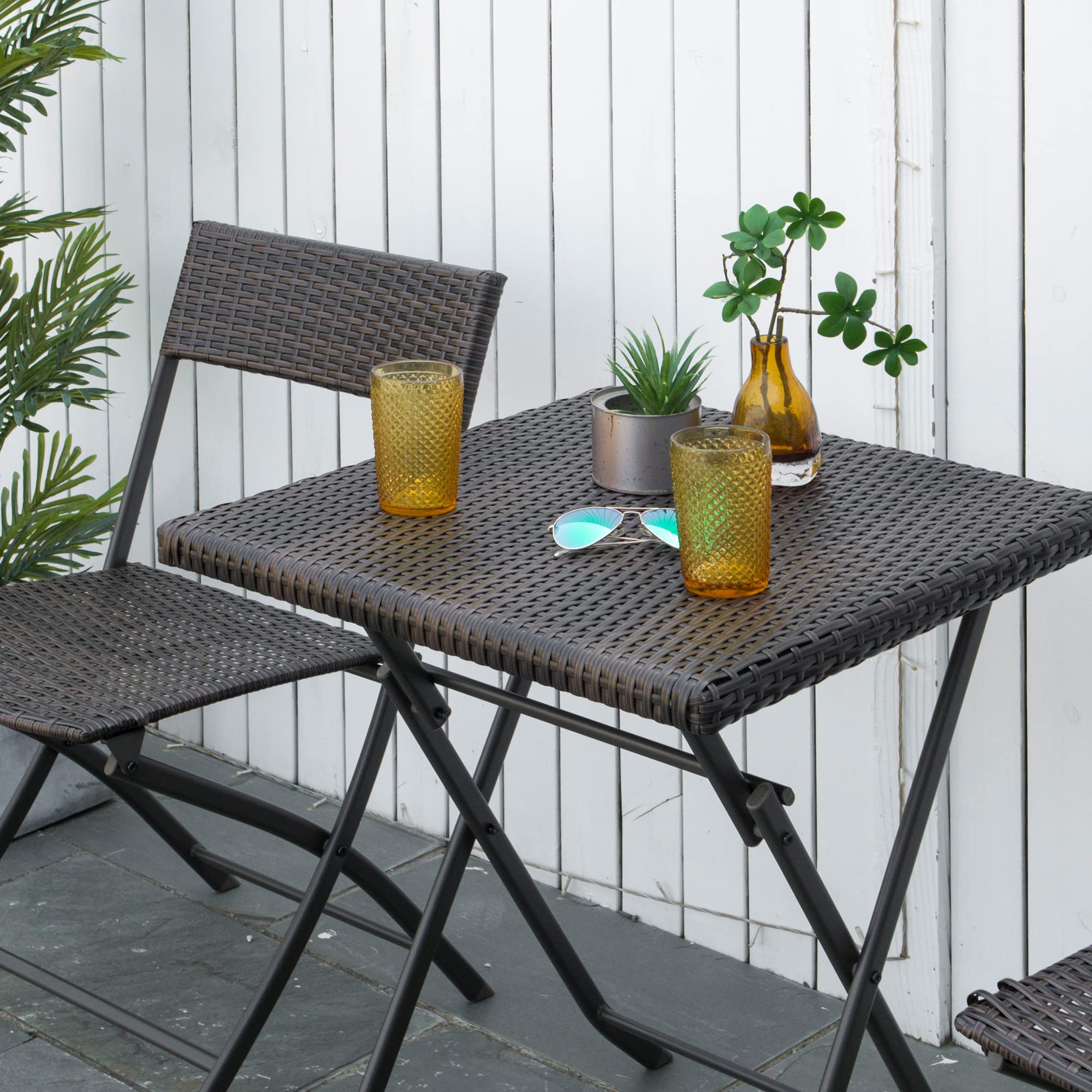 Outsunny Set da Giardino Pieghevole 3 Pezzi Rattan PE Metallo, 2 Sedie e Tavolino da Caffè, Protezione UV, Nero