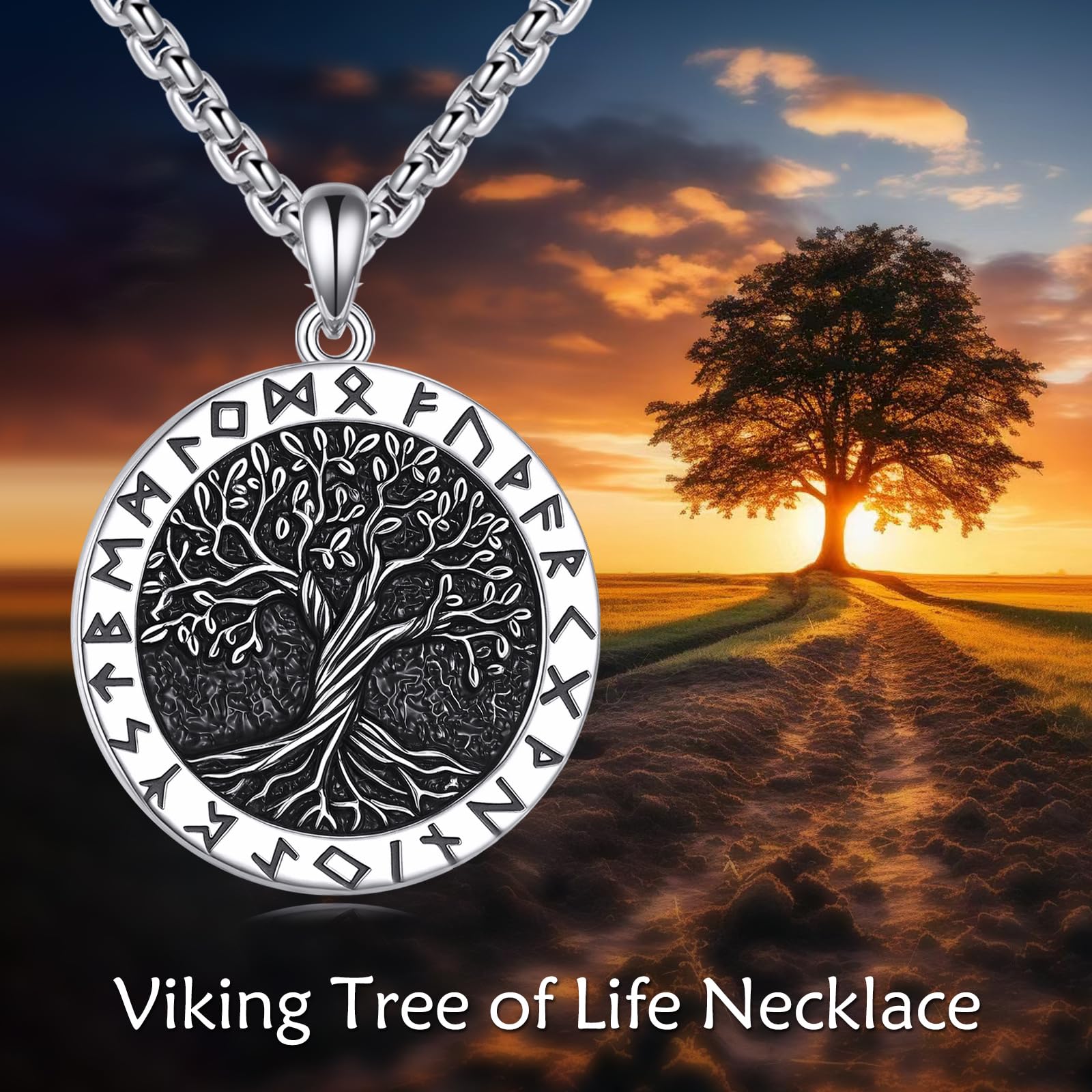 Viking Halskette S925 Sterling Silber Yggdrasil Halskette Viking Rune Baum des Lebens Anhänger Halsketten Nordische Heidnische Schmuck Geschenke für Männer Herren Väter
