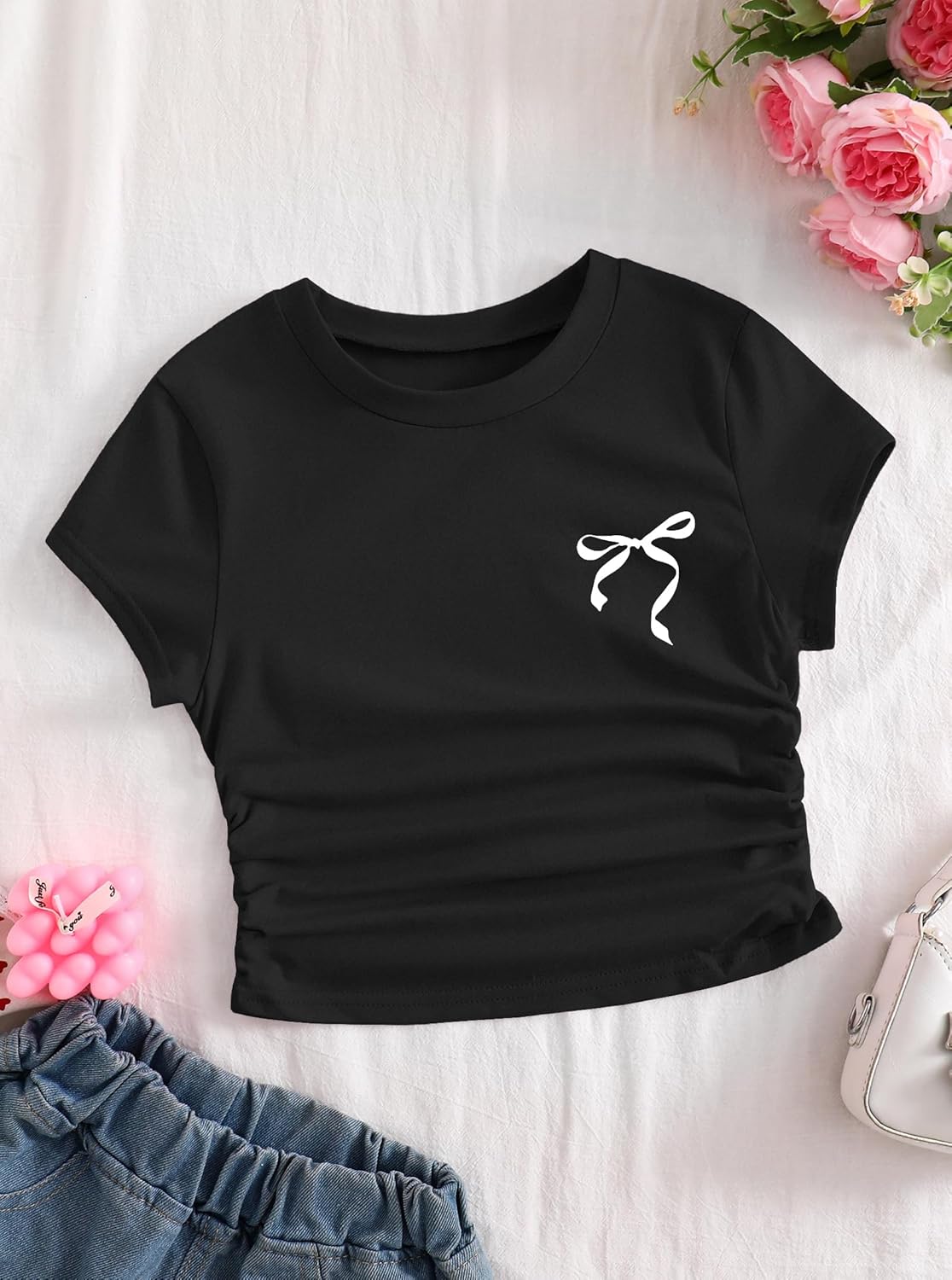 Girls Shirts Cute Summer Preppy Athletic Crop Tops Basic Ruched Graphic Tees - Image 3