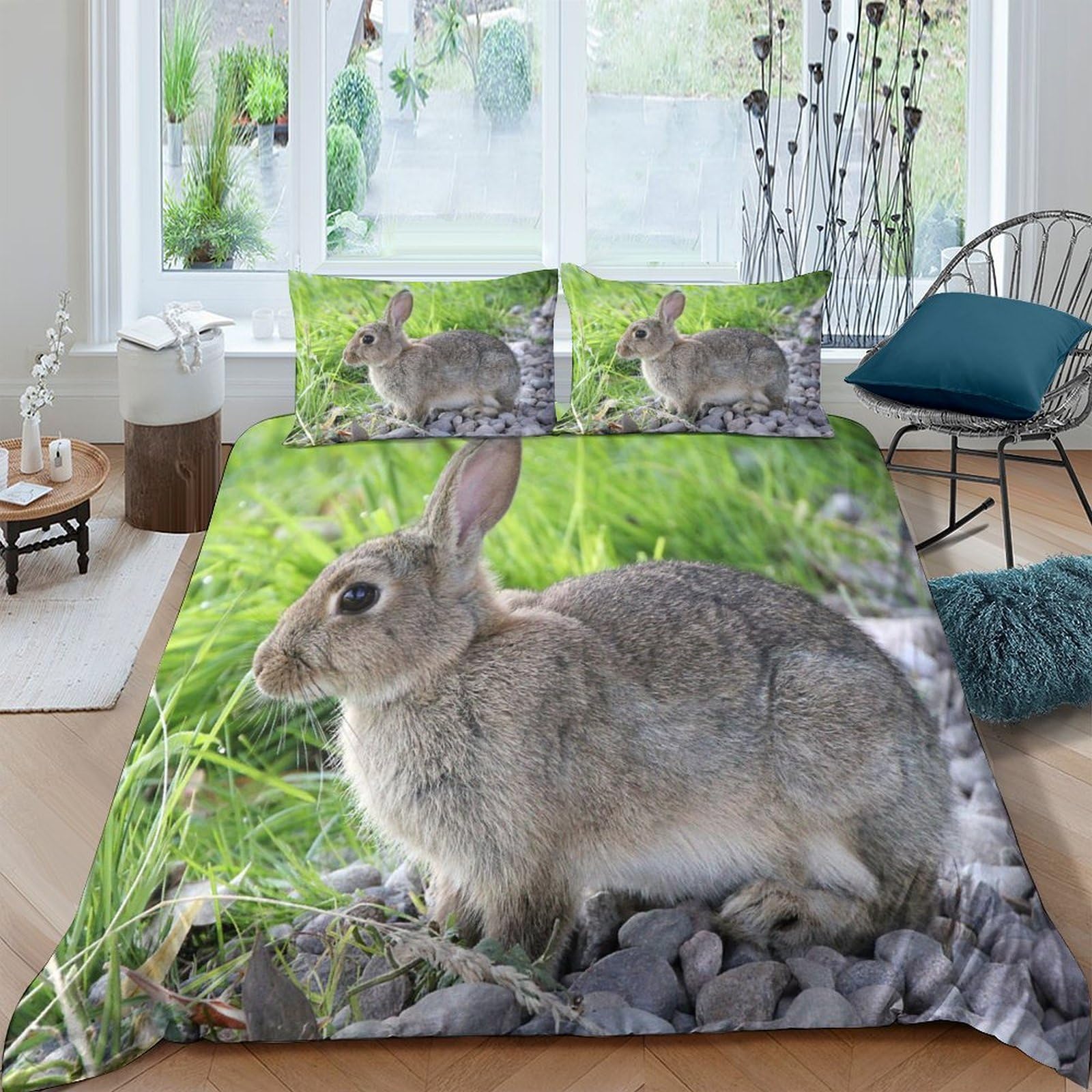 Ctjqhvkz Style-9 3D Printed Grey Rabbit Fitted Sheet Microfiber Soft Animal Meadow Bed Cover Non-Slip Easy Care For Bedroom Dorm Home Decor Single（135X200cm）