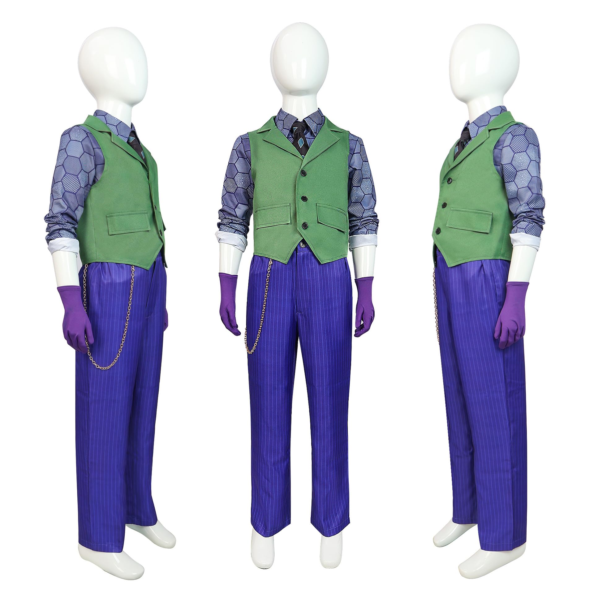 Applysu Joker Costume for Kids 7 Pcs Knight Clown Cosplay Costume Suit Halloween Kids Joker Fancy Dress Up Outfit with Shirt Vest Tie Coat Pants Chain Gloves - Image 3
